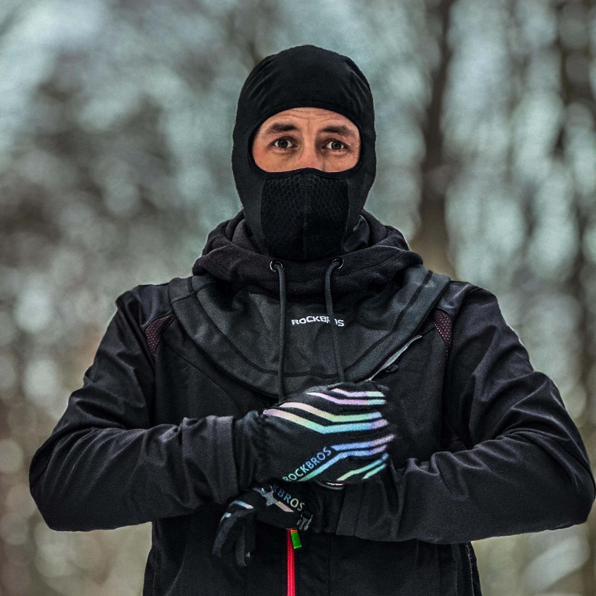 ROCKBROS winter gears collection including cycling jackets, gloves, thermal pants, and helmets for cold weather riding