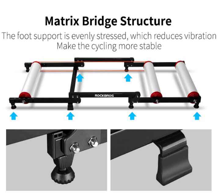ROCKBROS foldable aluminum roller bike trainer showing both expanded and folded states for compact indoor cycling storage.