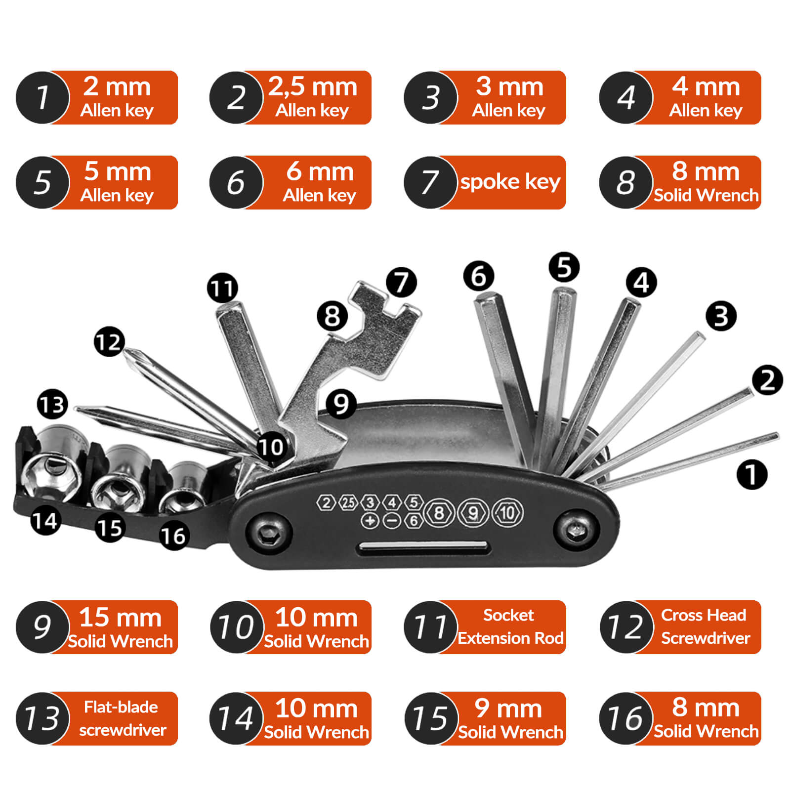 Detailed view of ROCKBROS 16 in 1 bike tool showing wrenches, screwdrivers, and hex keys