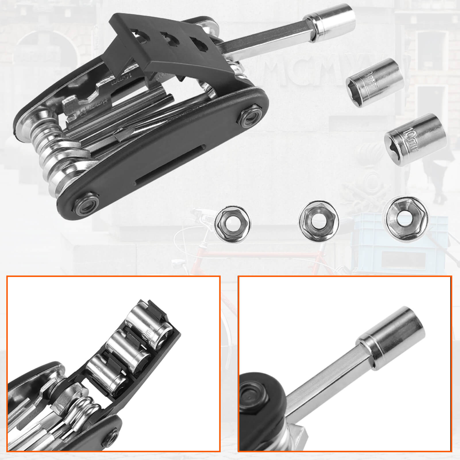 Detailed view of ROCKBROS 16 in 1 bike tool showing wrenches, screwdrivers, and hex keys
