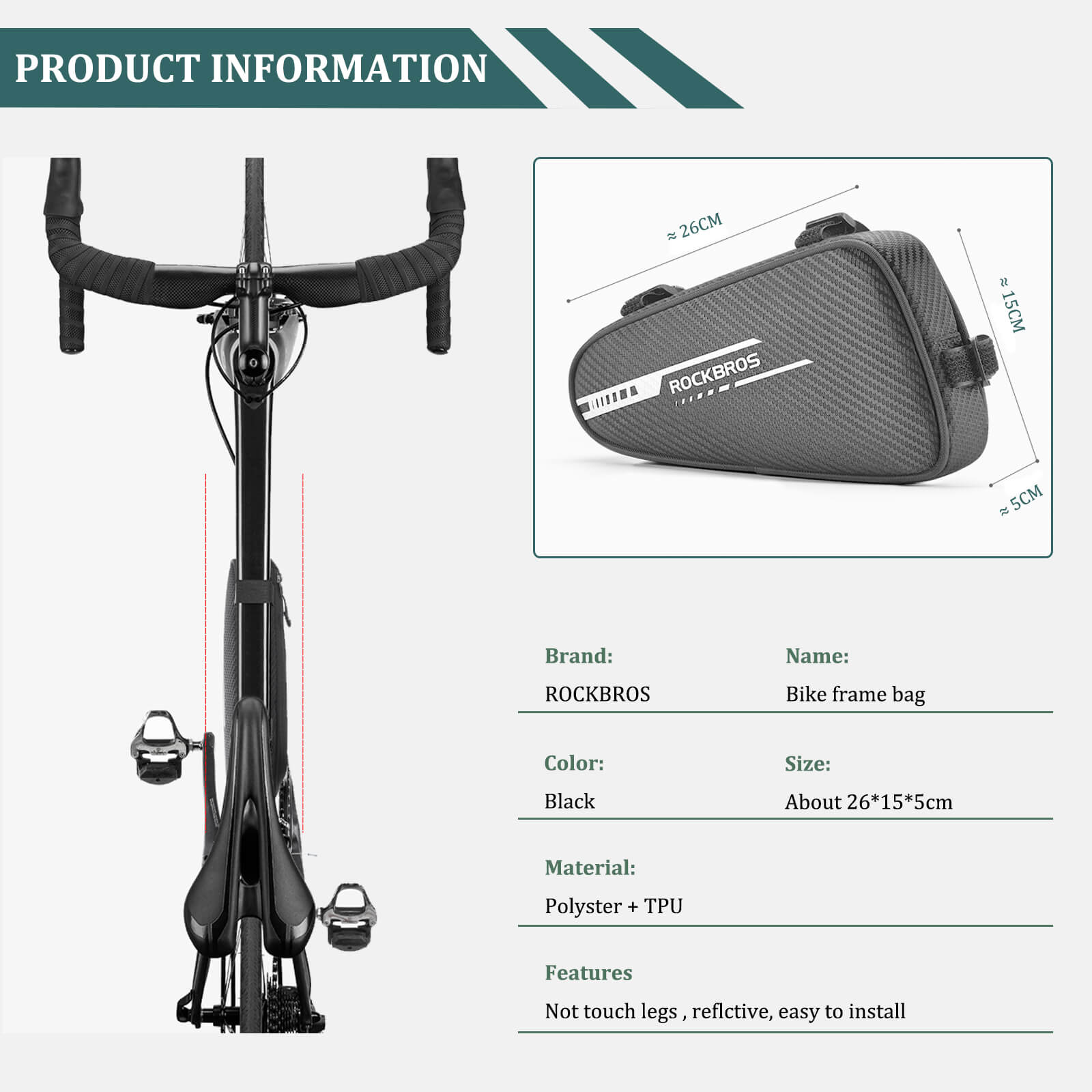 ROCKBROS top tube frame bag with large capacity and convenient side pocket for cycling essentials