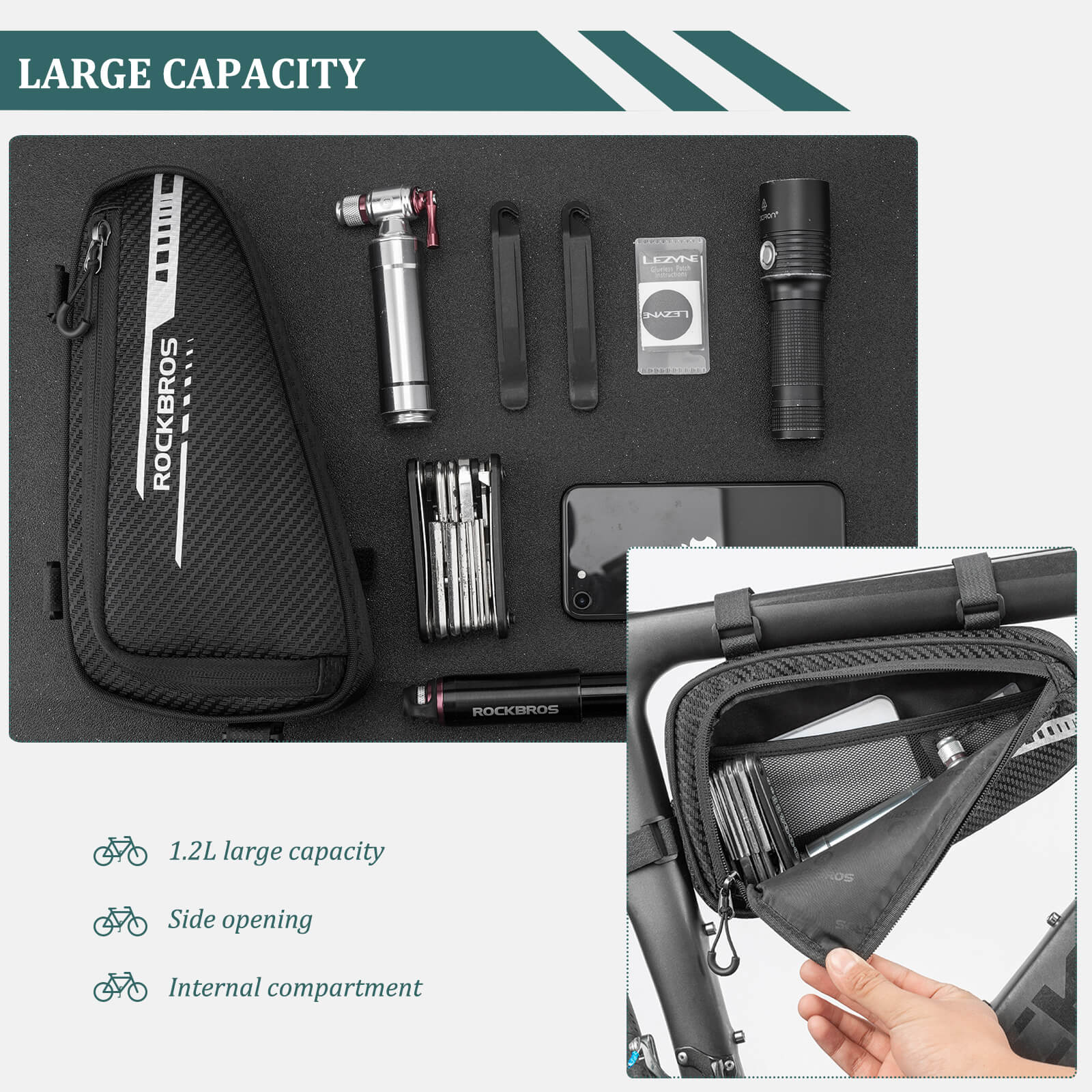 ROCKBROS top tube frame bag with large capacity and convenient side pocket for cycling essentials
