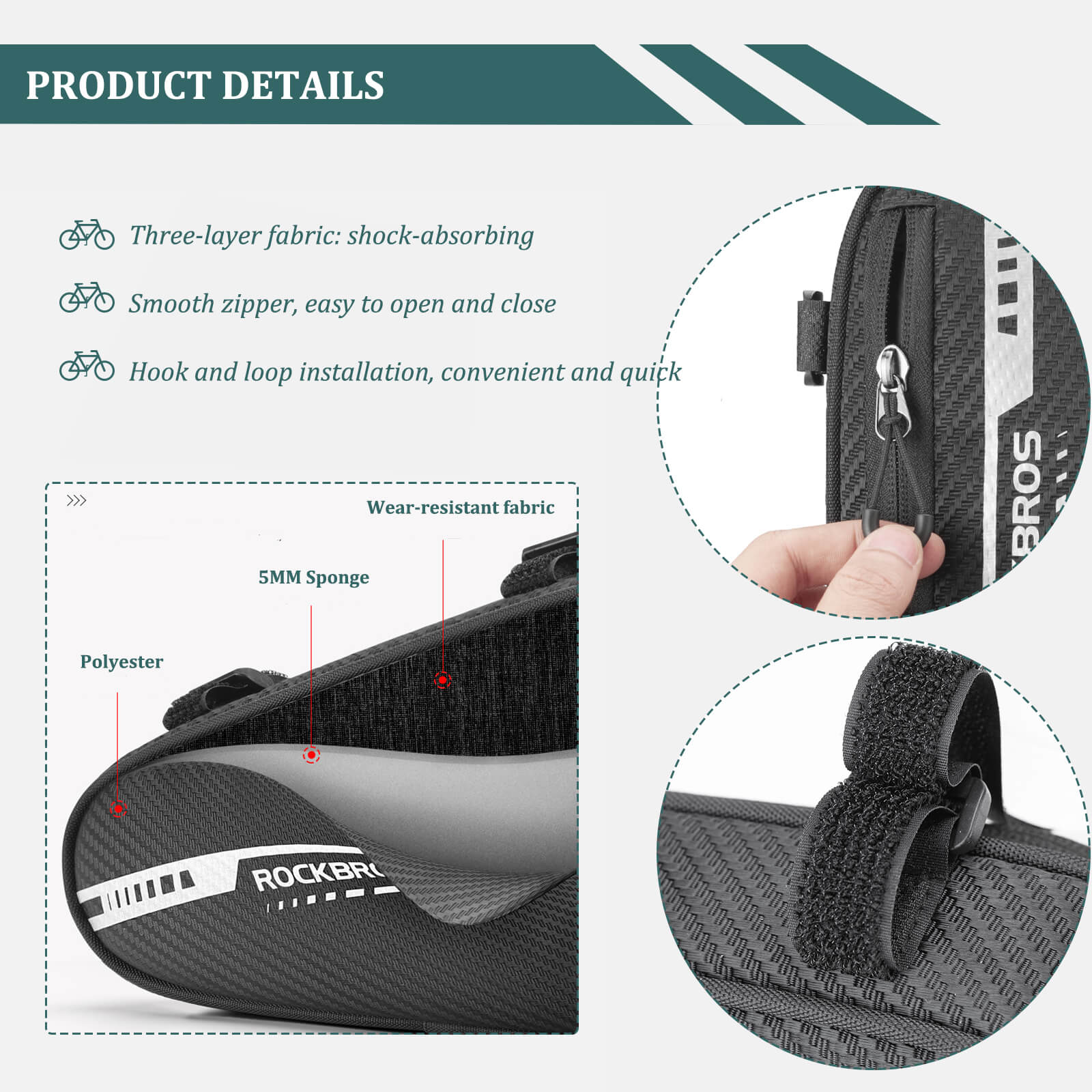ROCKBROS top tube frame bag with large capacity and convenient side pocket for cycling essentials