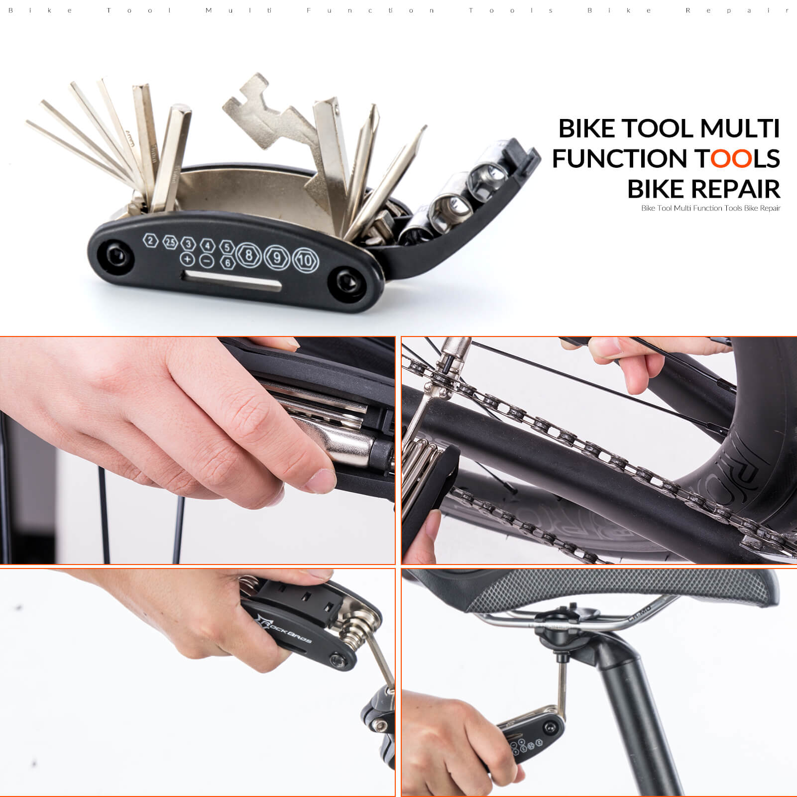 How to use ROCKBROS bike repair tool kit for seat adjustment, brake tightening, and bolt fixing