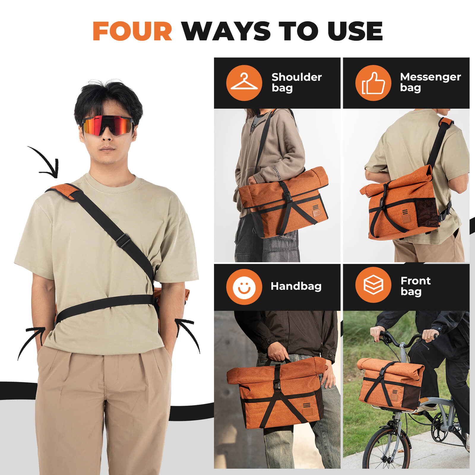ROCKBROS Brompton folding bike handlebar bag convertible to backpack shoulder bag for urban commuting and travel