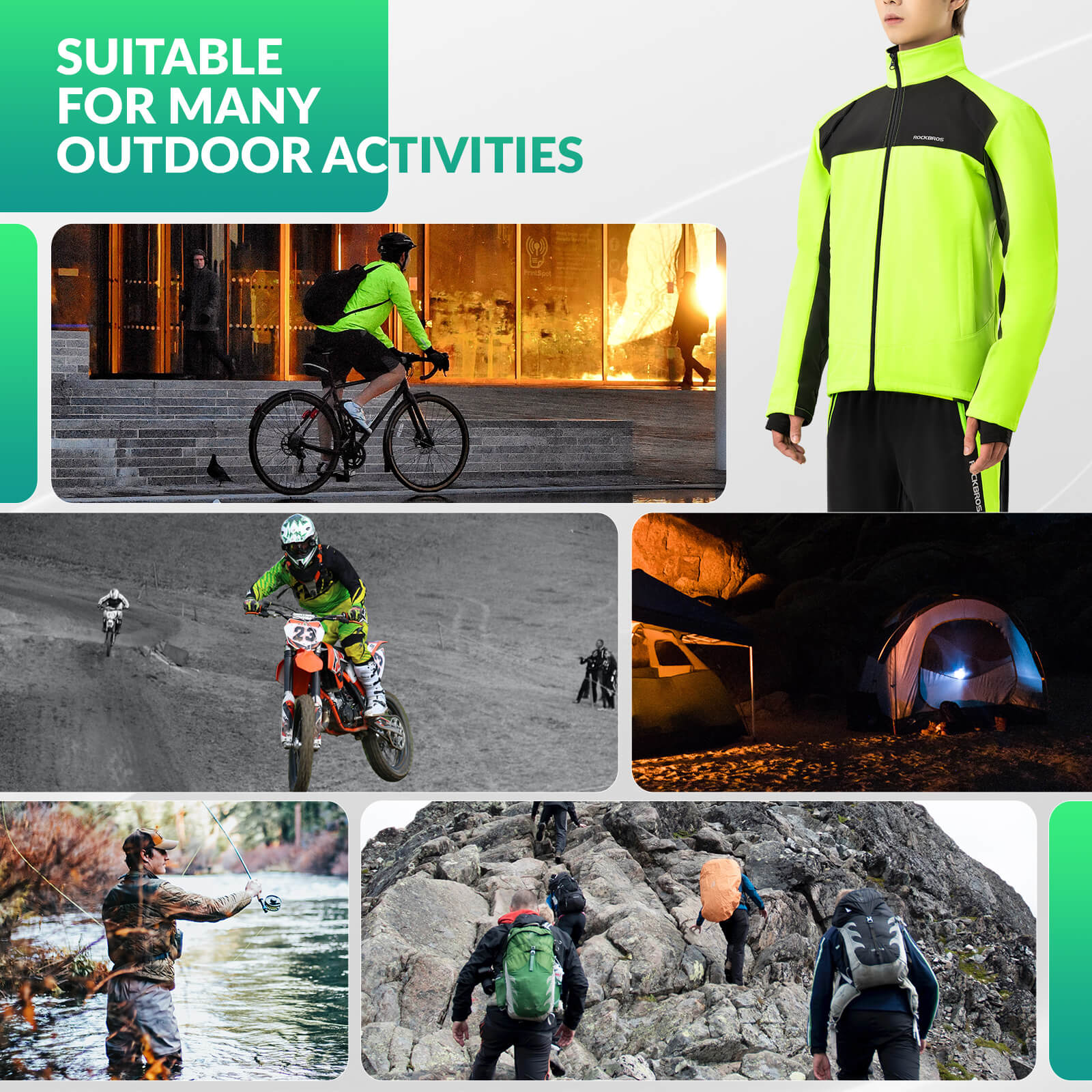 ROCKBROS outdoor thermal sportswear set with windproof shell, fleece lining, ventilation design, and flexible fit for cold-weather activities