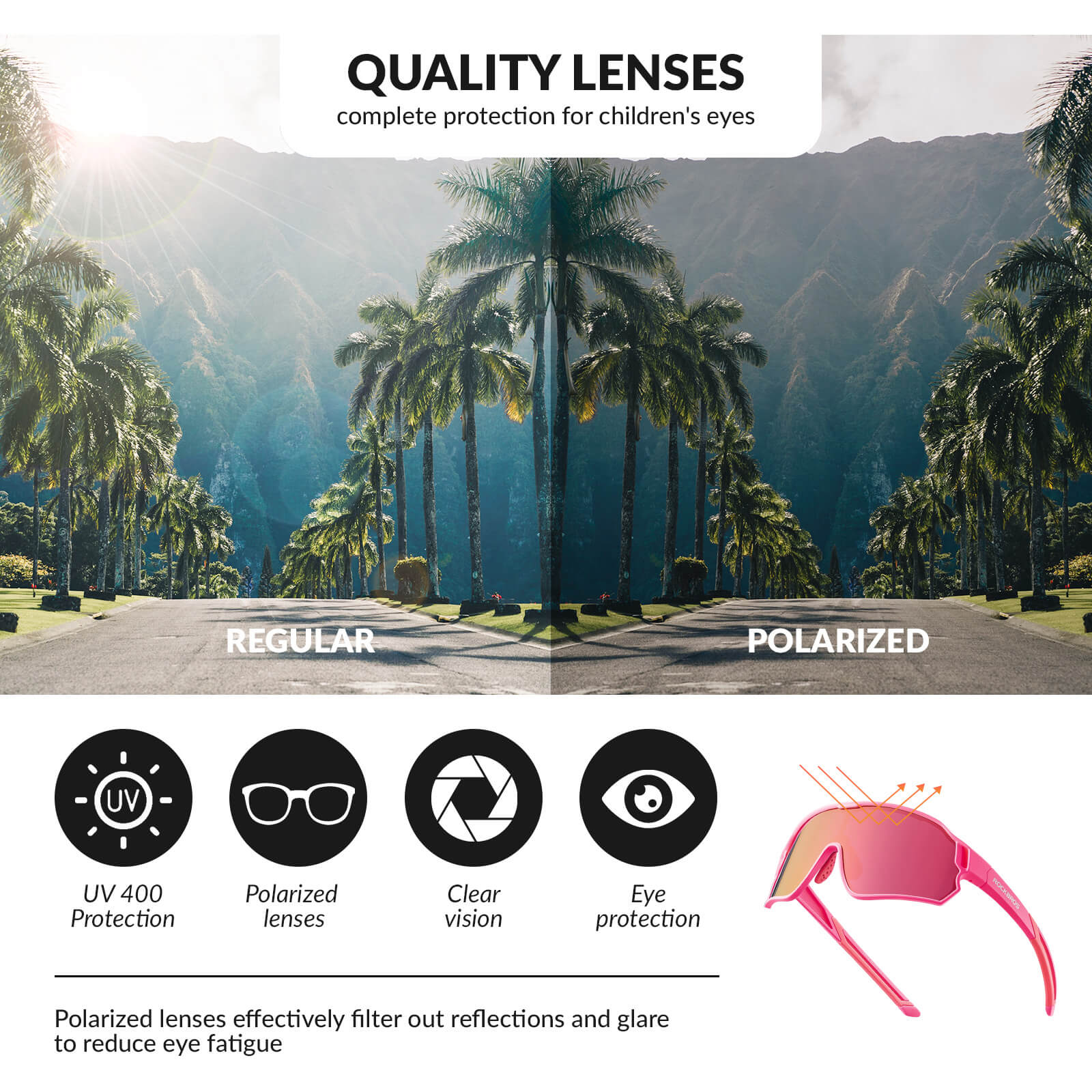 ROCKBROS kids polarized cycling sunglasses with UV400 protection for biking and outdoor sports.
#Color_Pink