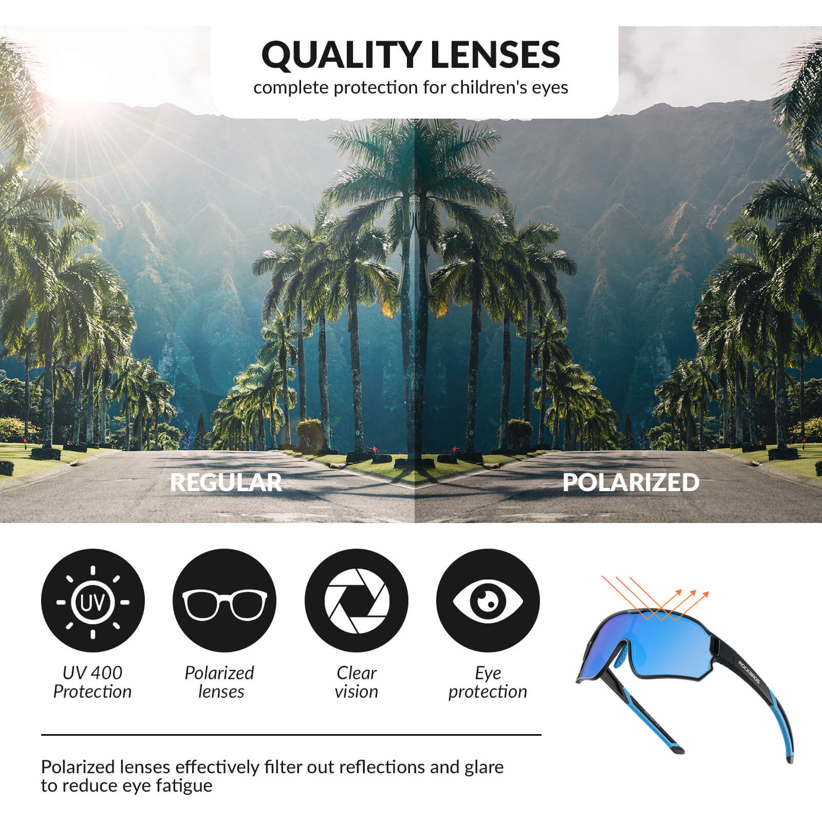 ROCKBROS kids polarized cycling sunglasses with UV400 protection for biking and outdoor sports.
#Color_Black