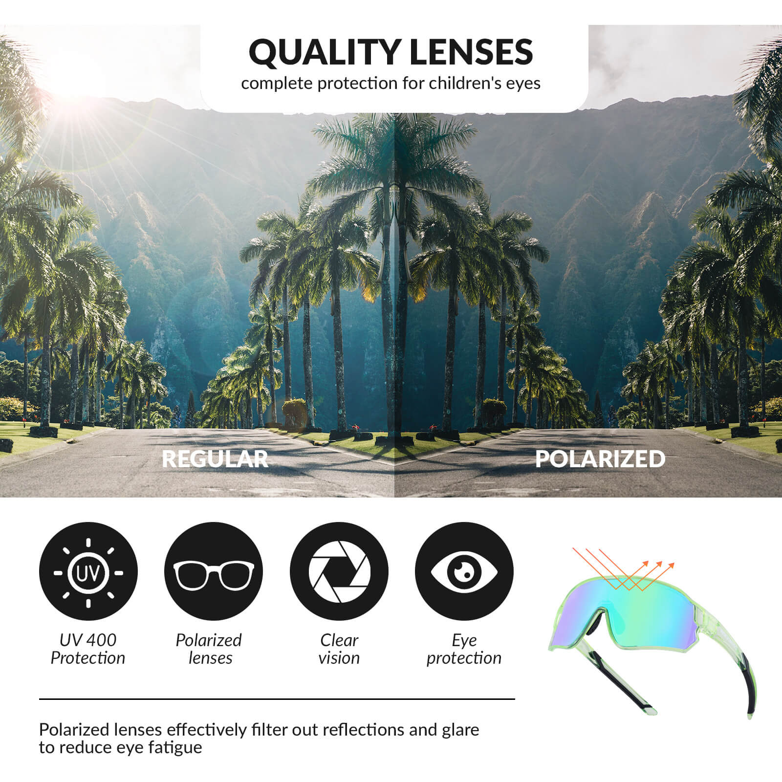 ROCKBROS kids polarized cycling sunglasses with UV400 protection for biking and outdoor sports.
#Color_Transparent Green