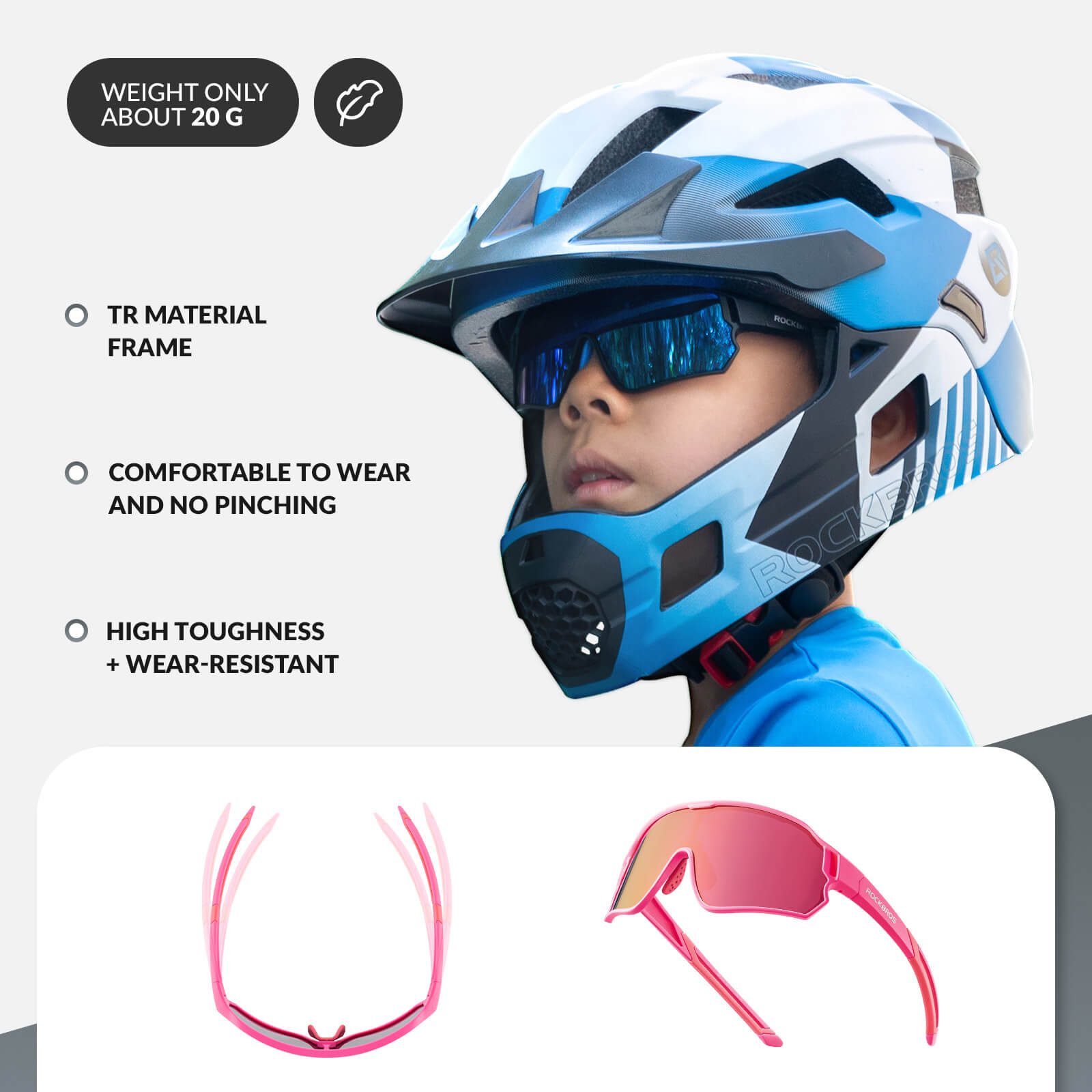 ROCKBROS kids polarized cycling sunglasses with UV400 protection for biking and outdoor sports.
#Color_Pink