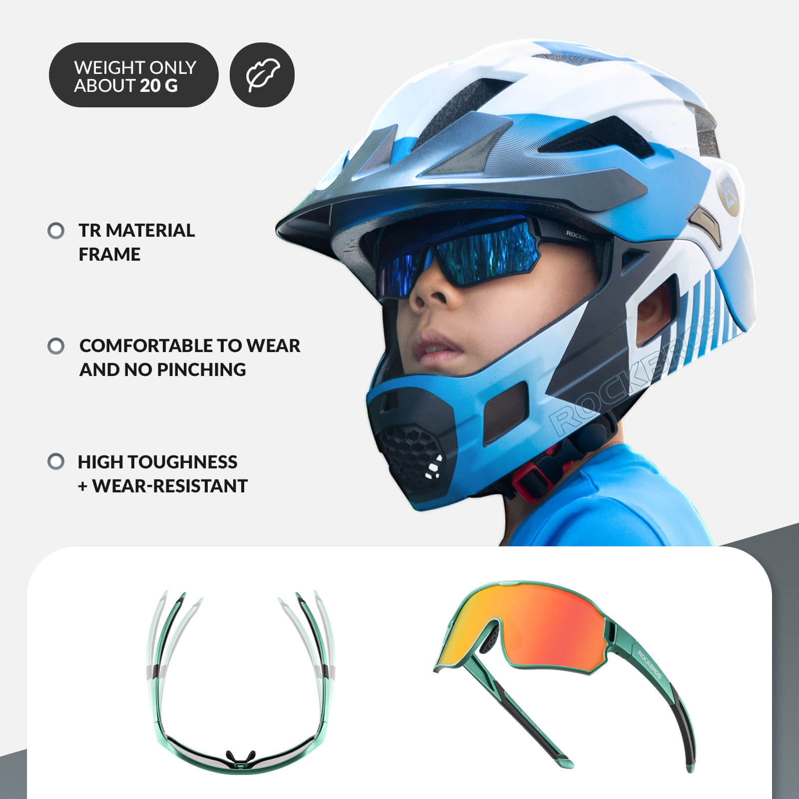 ROCKBROS kids polarized cycling sunglasses with UV400 protection for biking and outdoor sports.
#Color_Olive Green