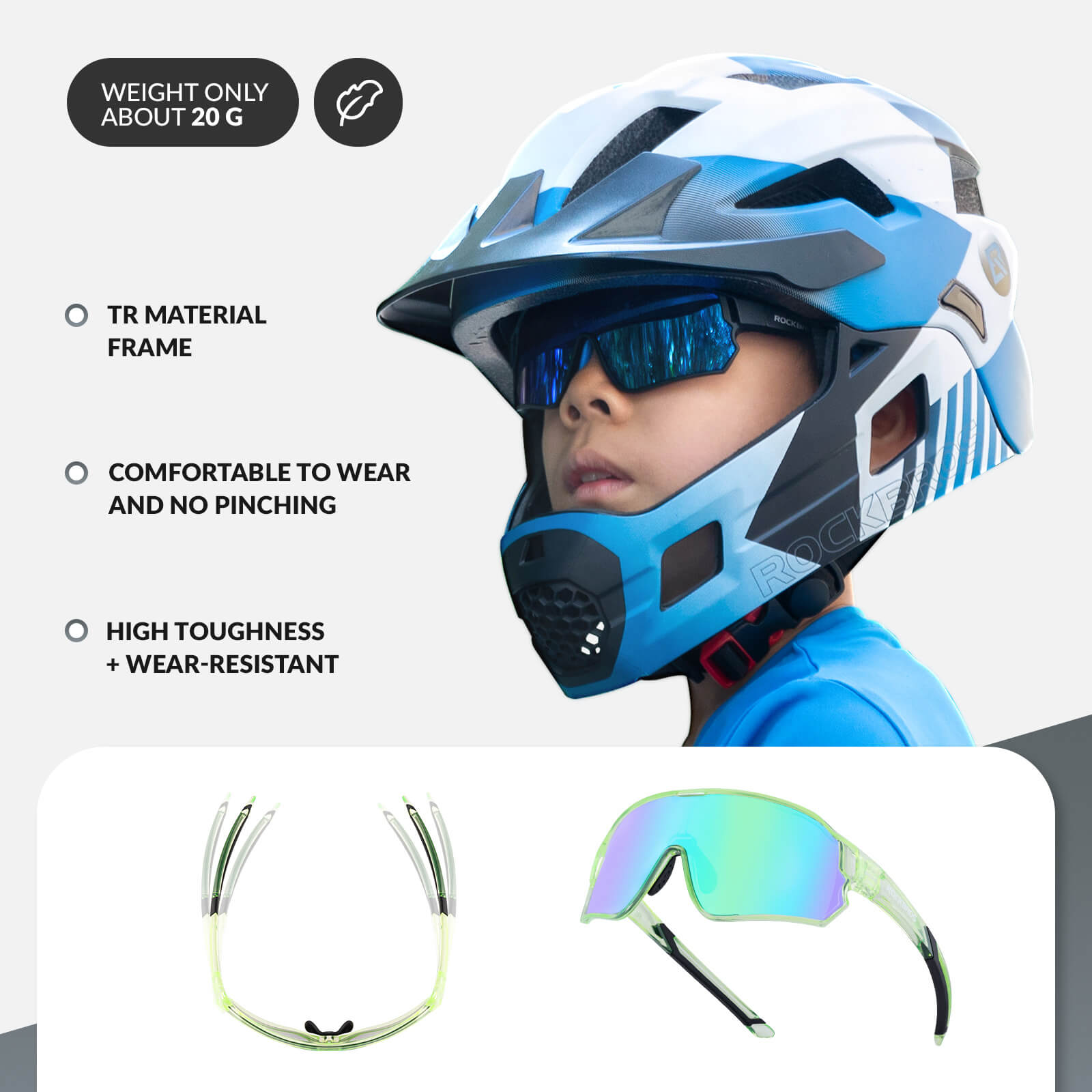 ROCKBROS kids polarized cycling sunglasses with UV400 protection for biking and outdoor sports.
#Color_Transparent Green
