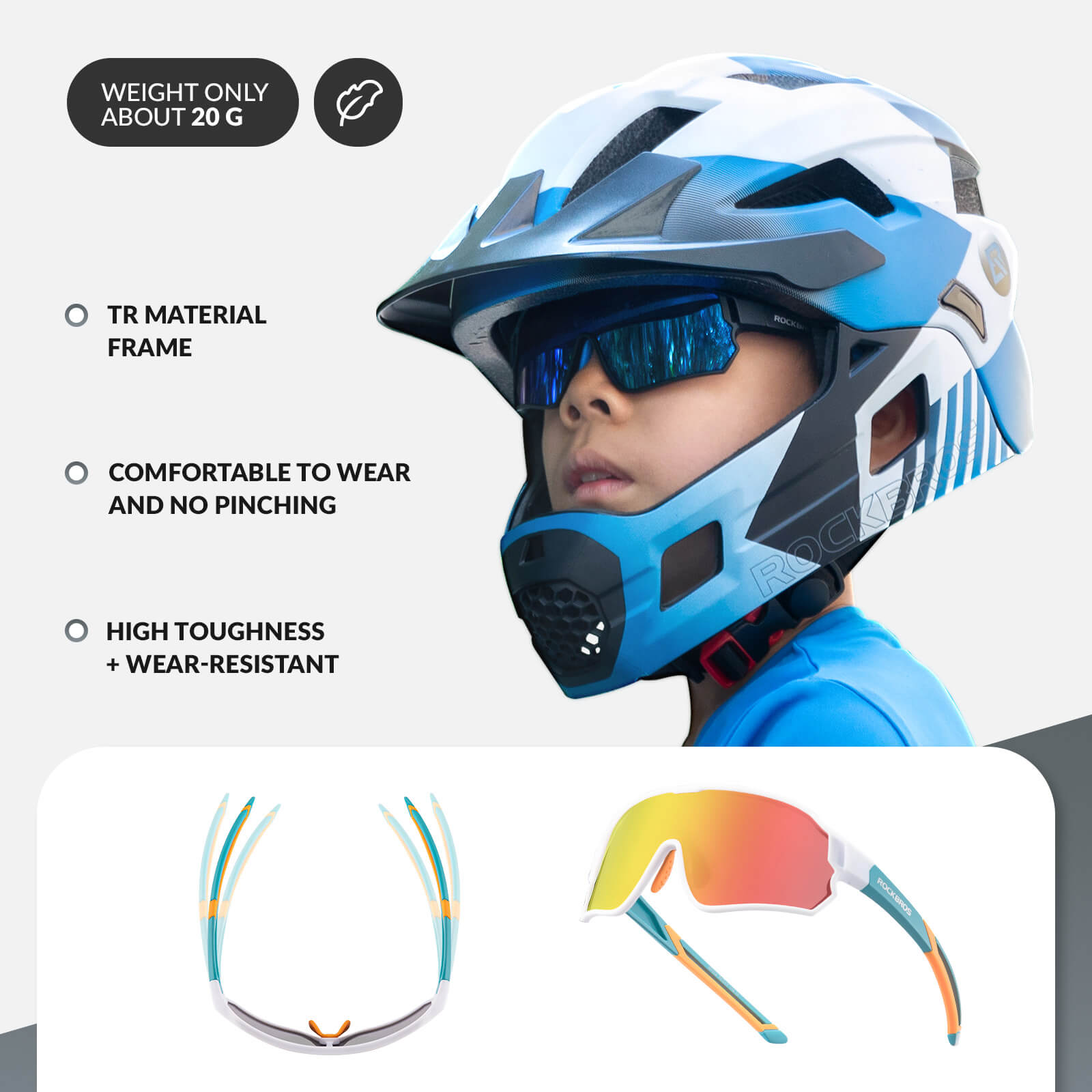 ROCKBROS kids polarized cycling sunglasses with UV400 protection for biking and outdoor sports.
#Color_White