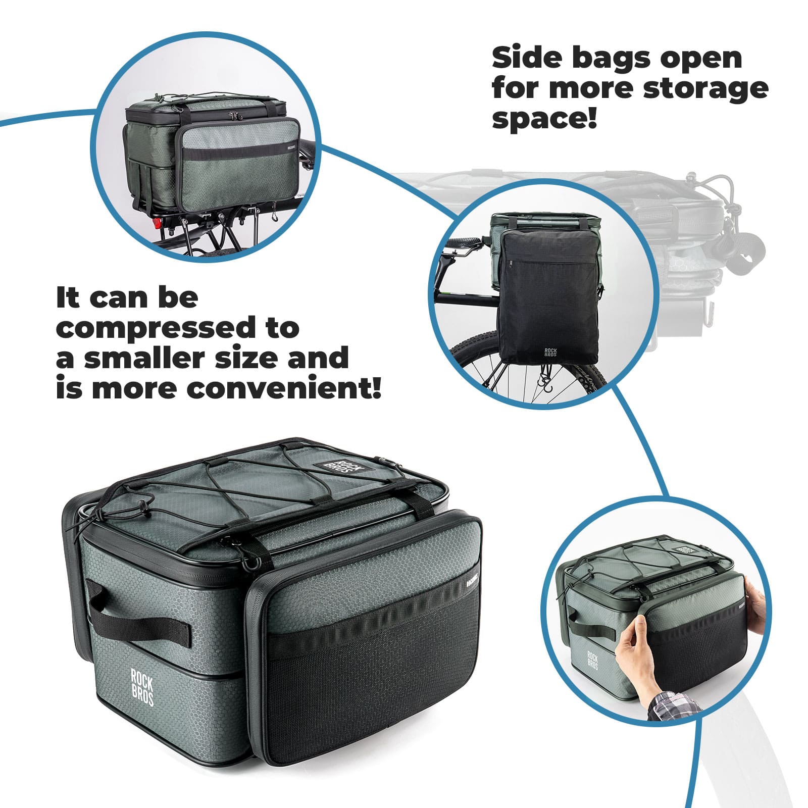 ROCKBROS expandable large capacity bike rear rack bag with removable side panniers