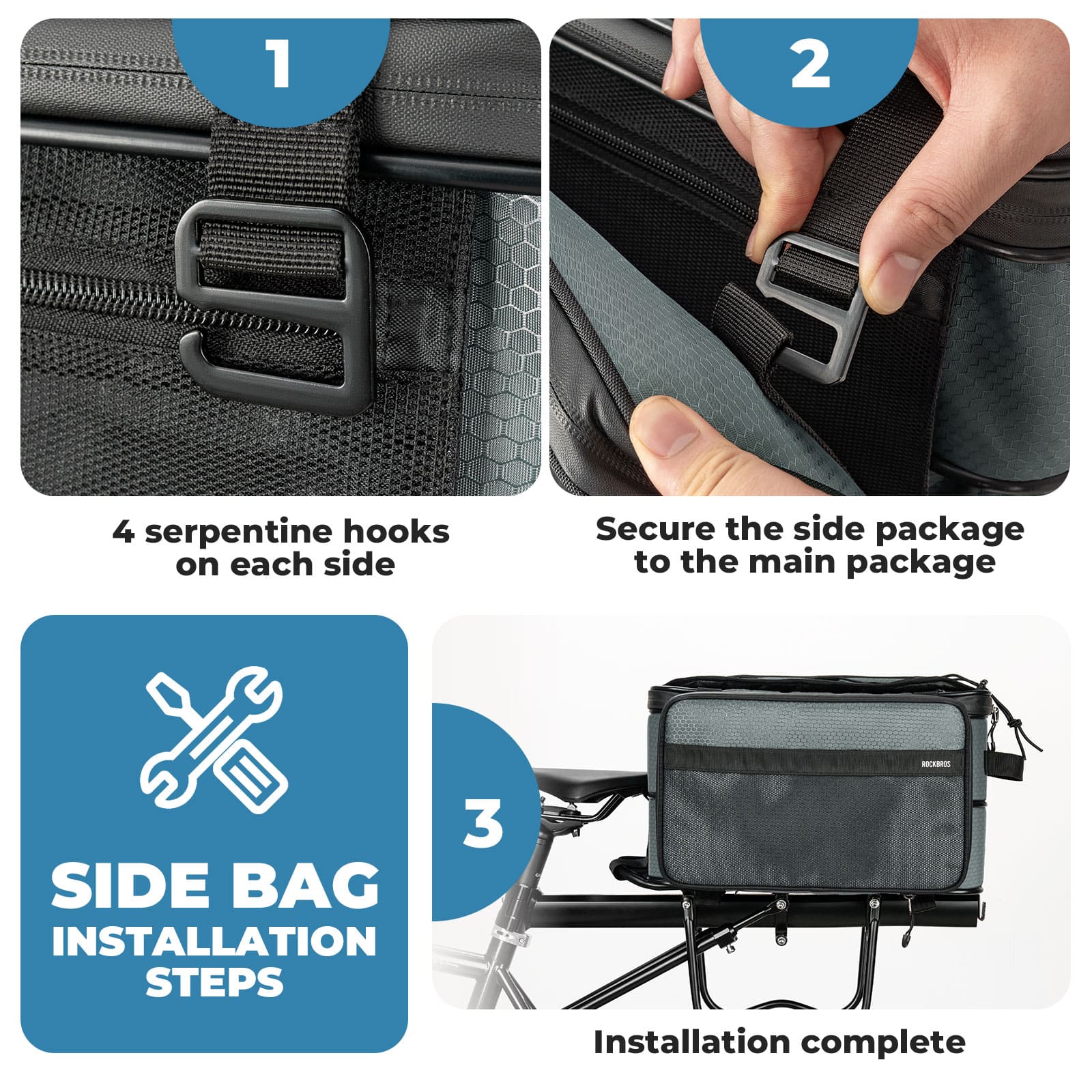 ROCKBROS expandable large capacity bike rear rack bag with removable side panniers