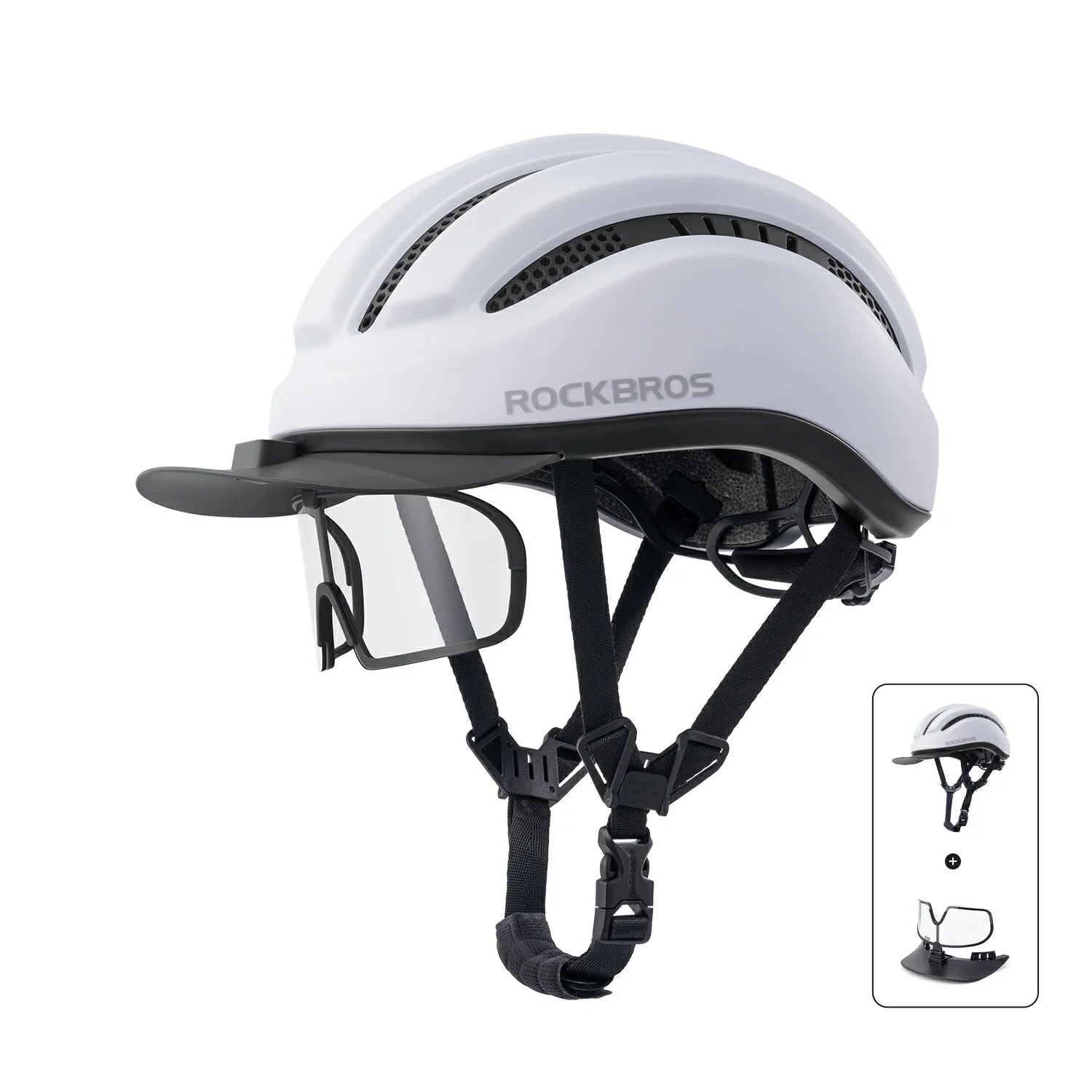 ROCKBROS lightweight cycling helmet with magnetic visor for daily commuting
#Color_ Matte White+Glasses
