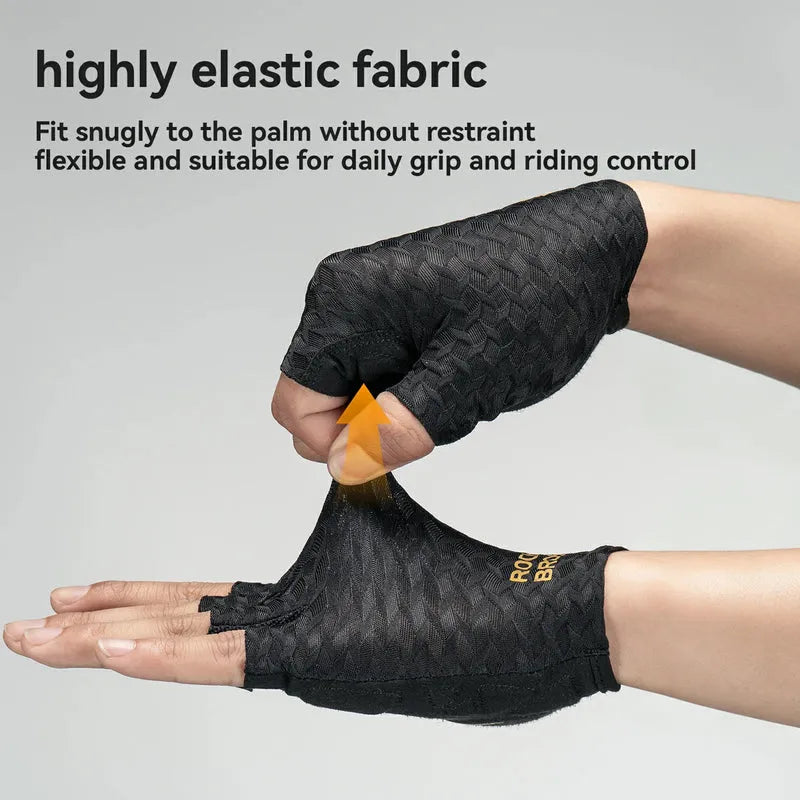 ROCKBROS half finger cycling gloves with SBR padded palms, breathable fabric, and silicone grip for road and mountain biking