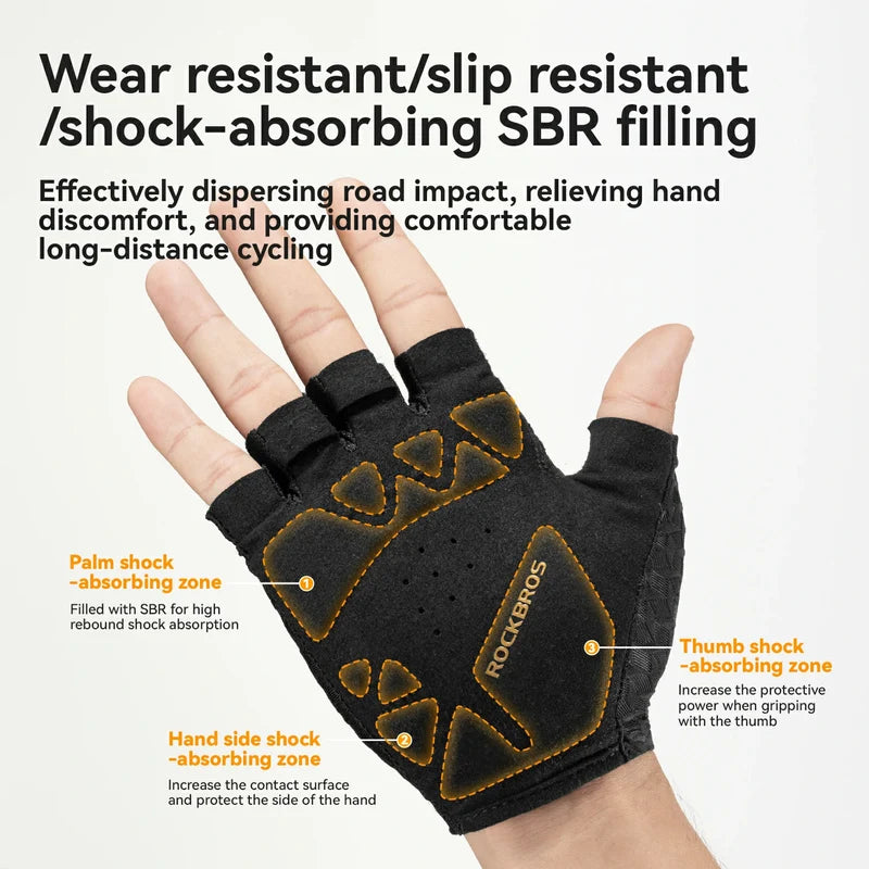 ROCKBROS half finger cycling gloves with SBR padded palms, breathable fabric, and silicone grip for road and mountain biking