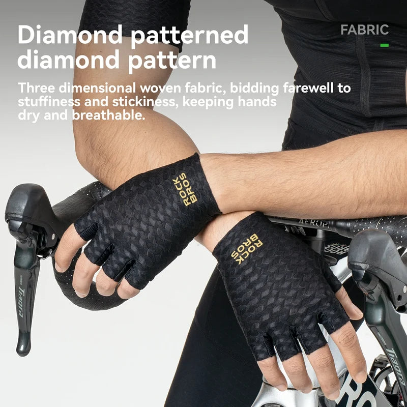 ROCKBROS half finger cycling gloves with SBR padded palms, breathable fabric, and silicone grip for road and mountain biking