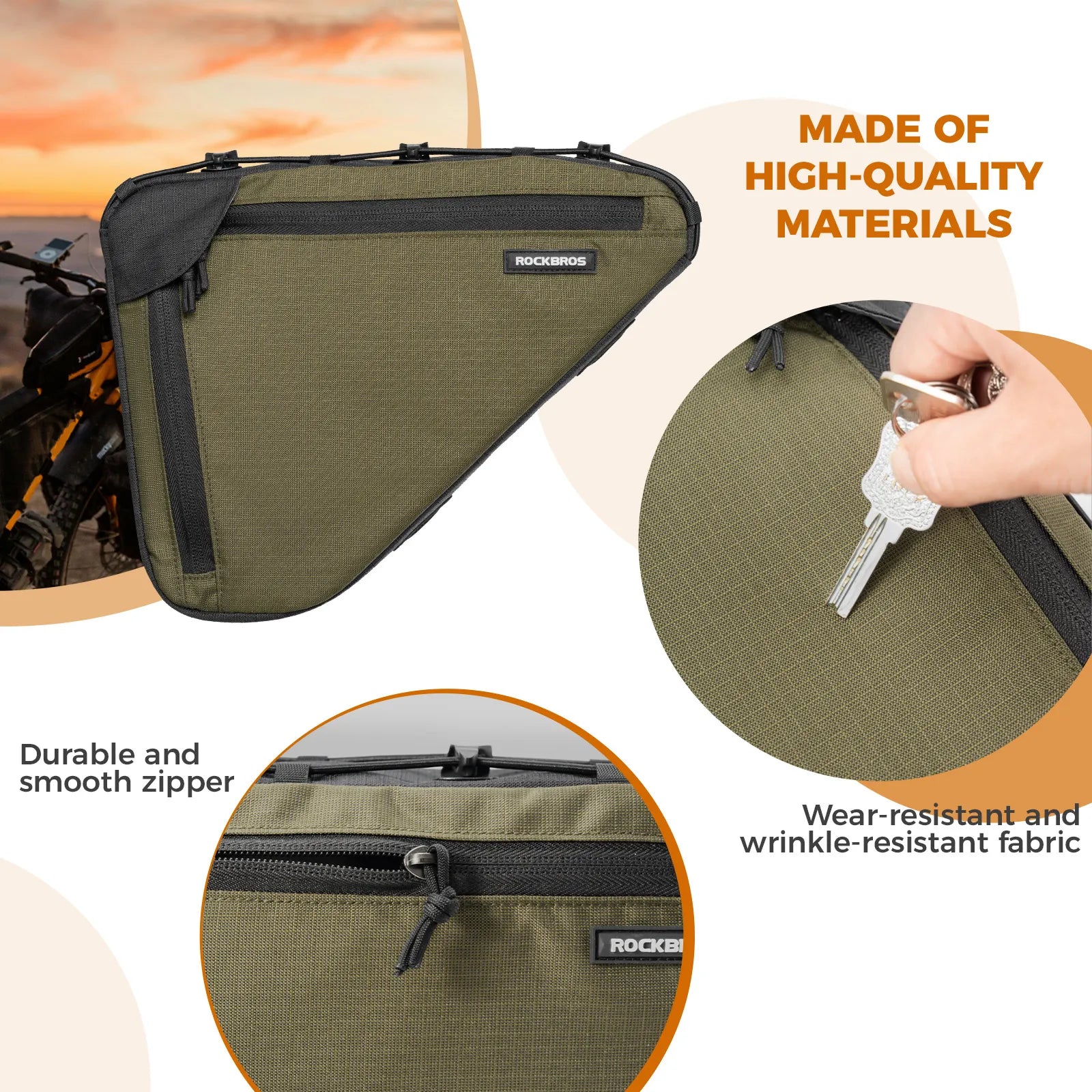 ROCKBROS 1.5L Large Capacity Bike Triangle Bag, Durable Polyester Cycling Frame Bag