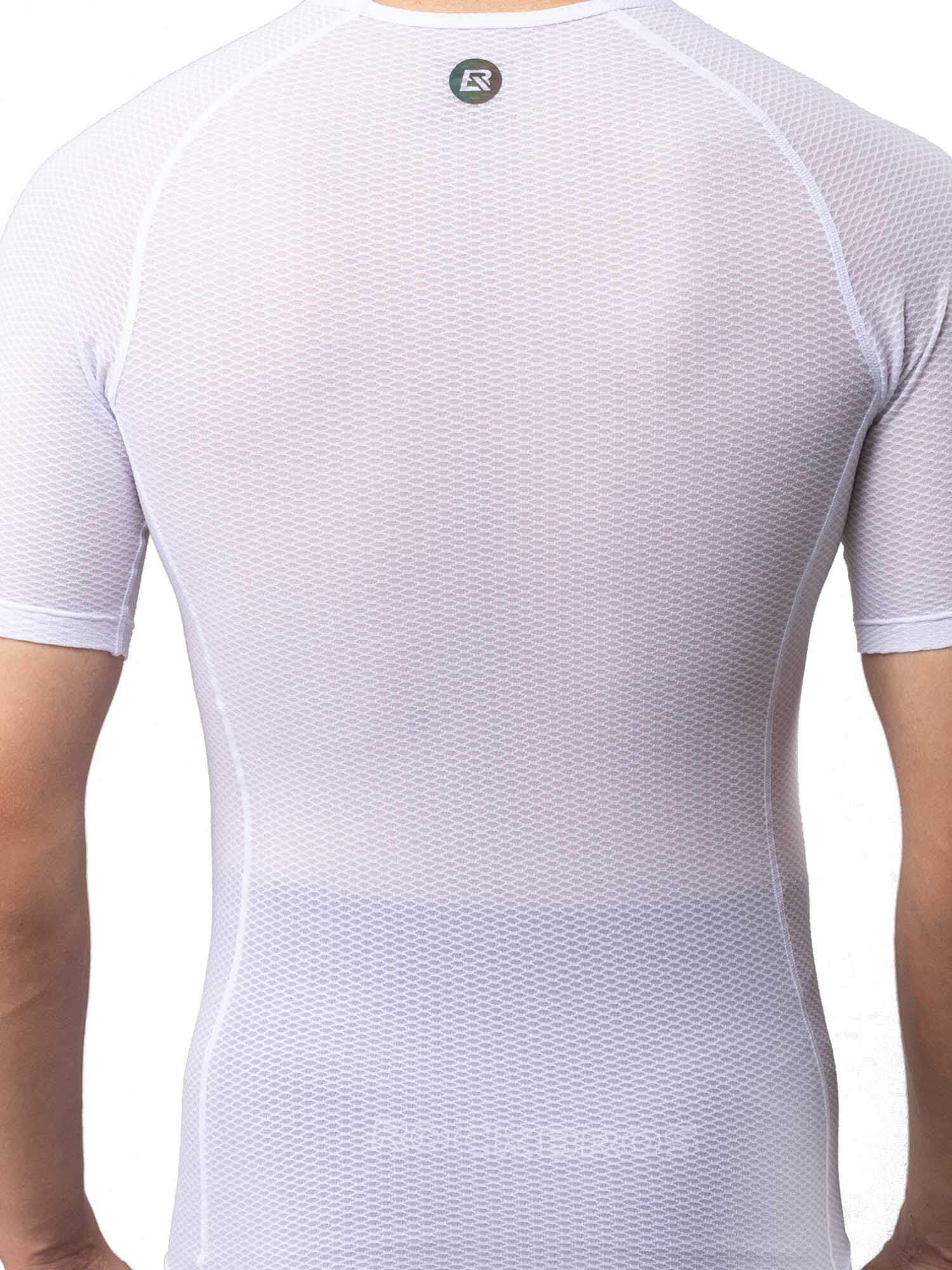 Men's white short-sleeve cycling base layer with breathable mesh fabric for moisture wicking