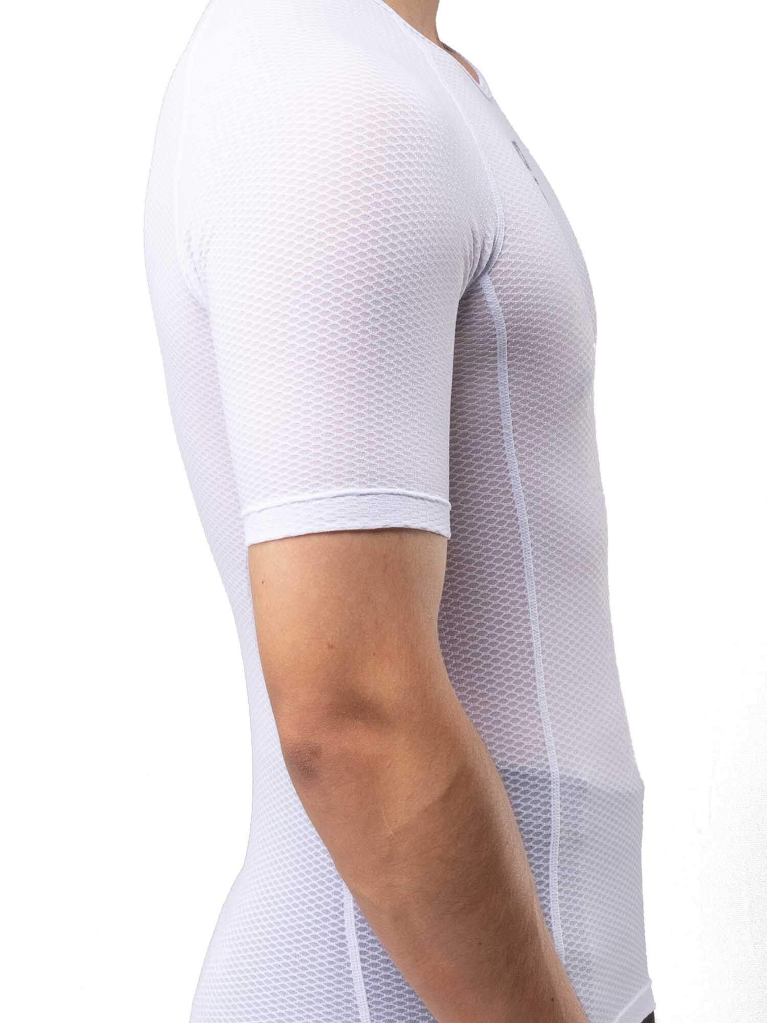 Men's white short-sleeve cycling base layer with breathable mesh fabric for moisture wicking