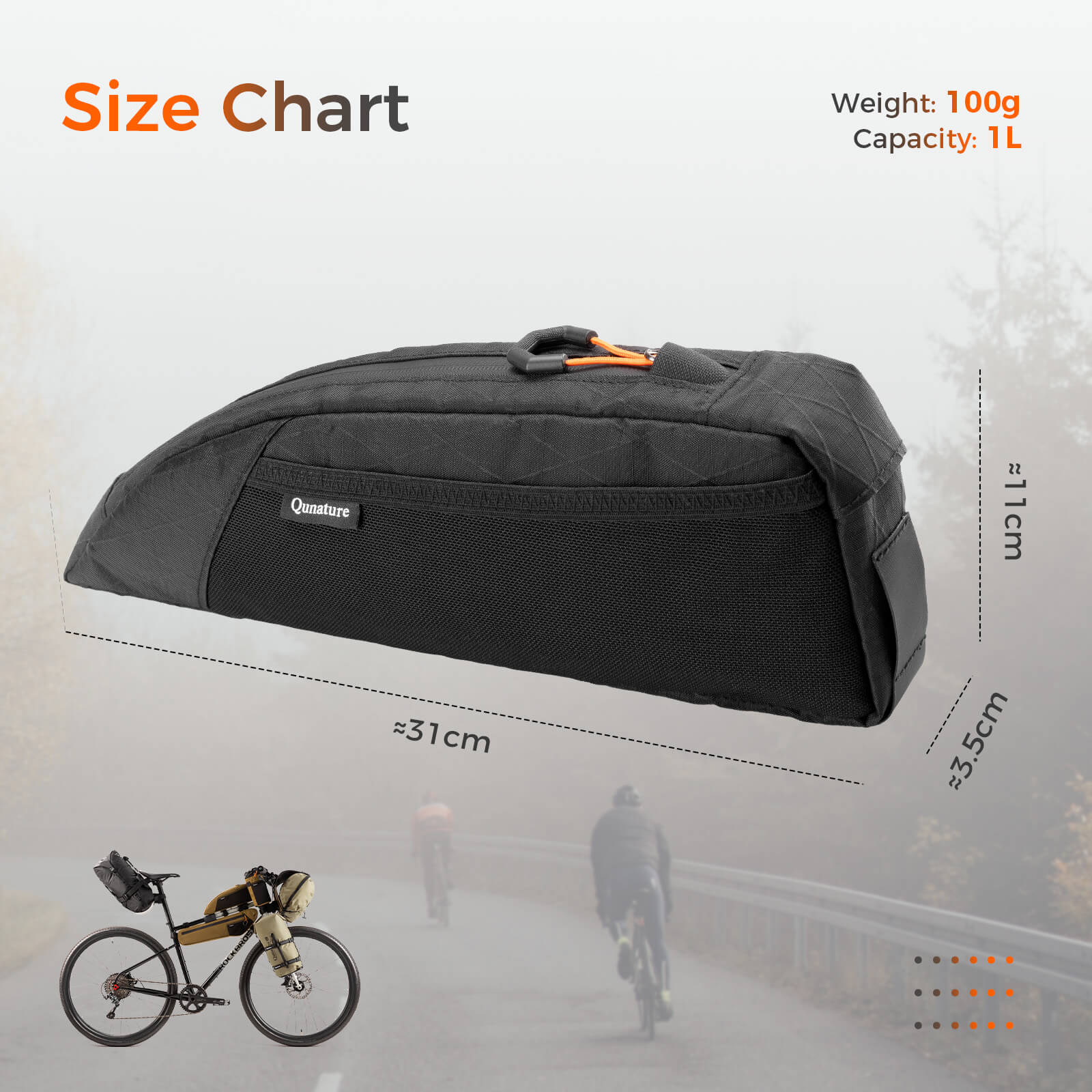 Qunature 1L Aerodynamic Top Tube Bag: Water-Resistant Bike Bag with Side Mesh Pocket and Dual Mounting Options