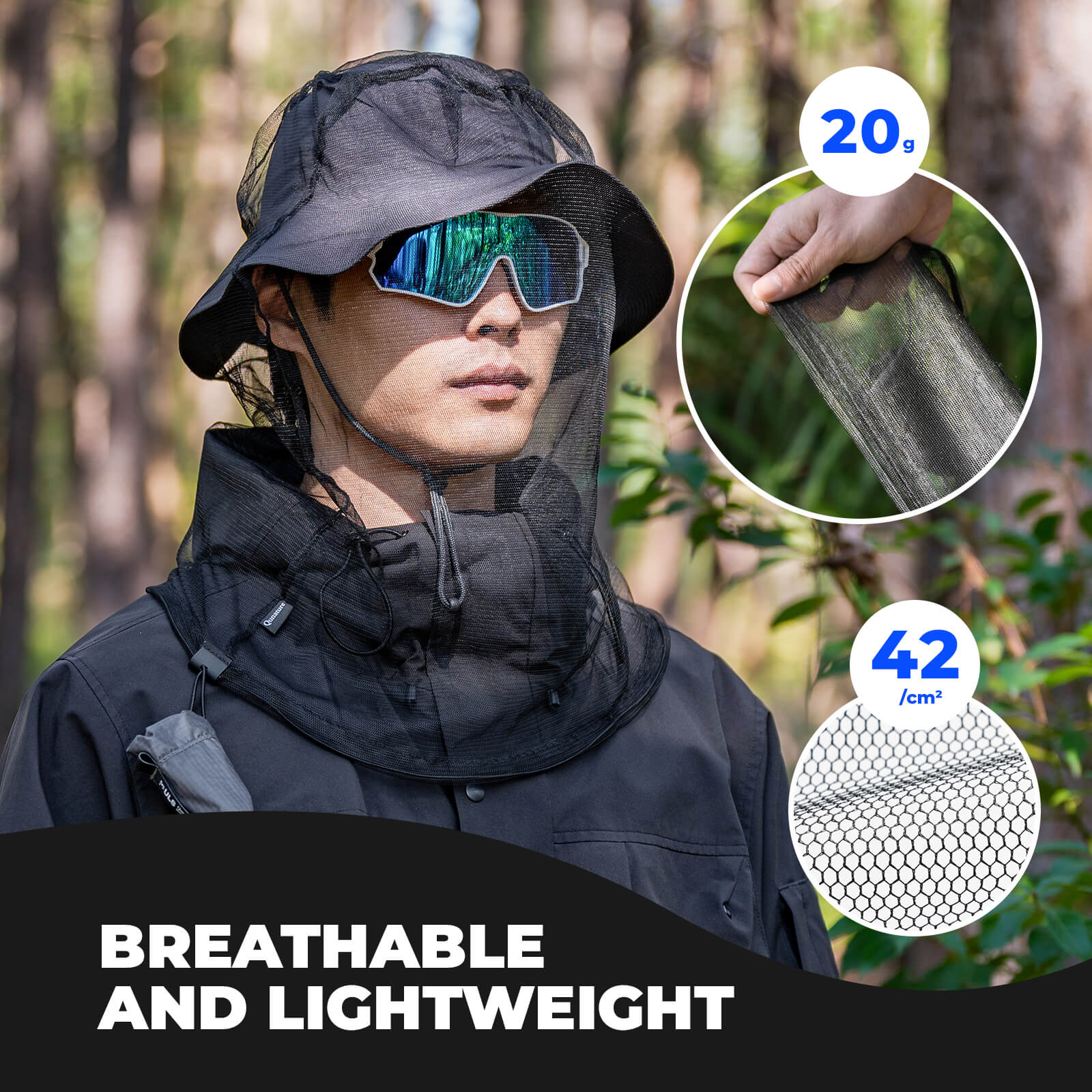 Qunature mosquito head net mesh with ultra-fine fabric for 360-degree insect protection during outdoor camping.