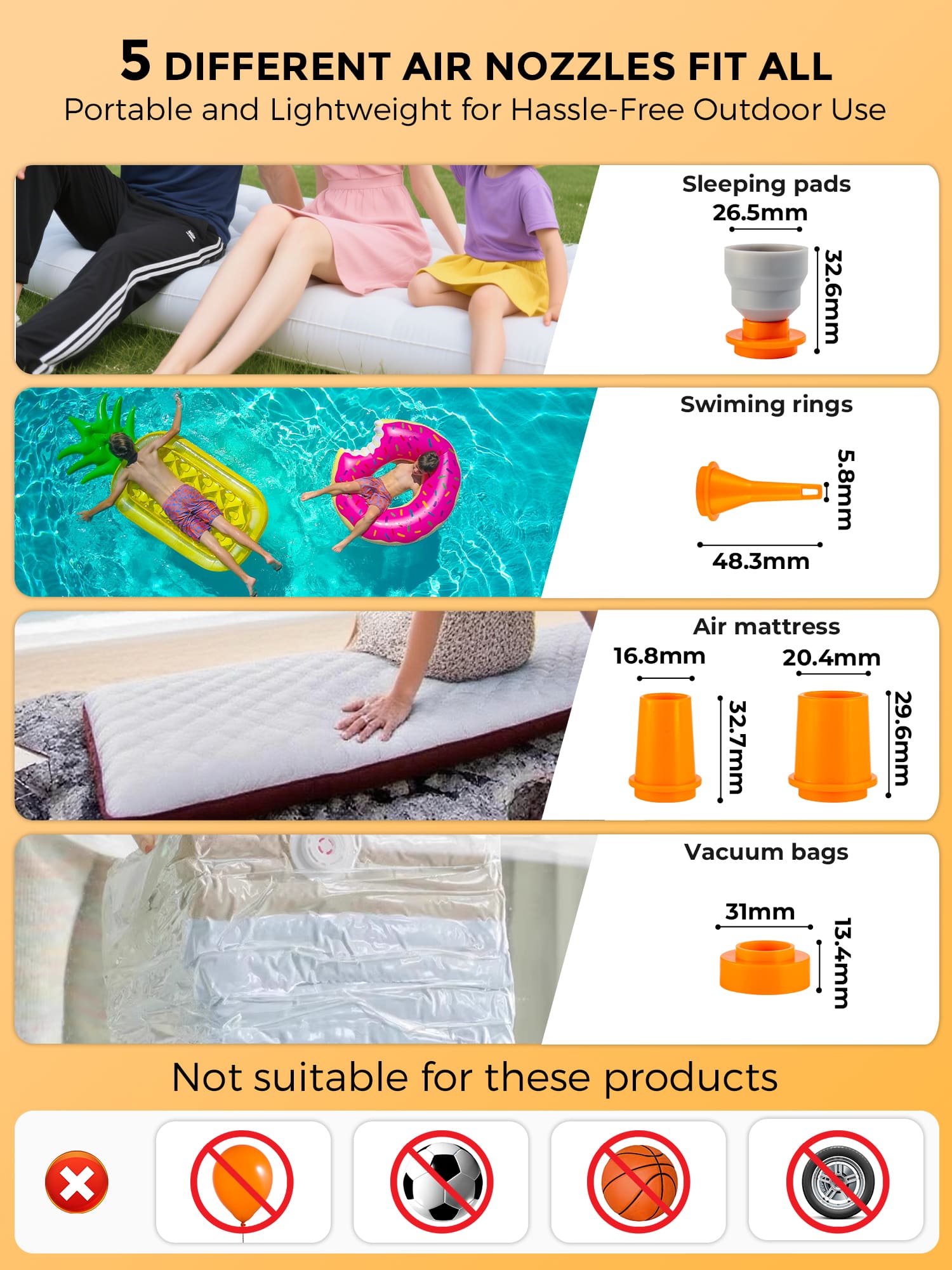 Qunature ATOMIC Mini Air Pump with five nozzle adapters for multiple inflatables
#Color_Orange