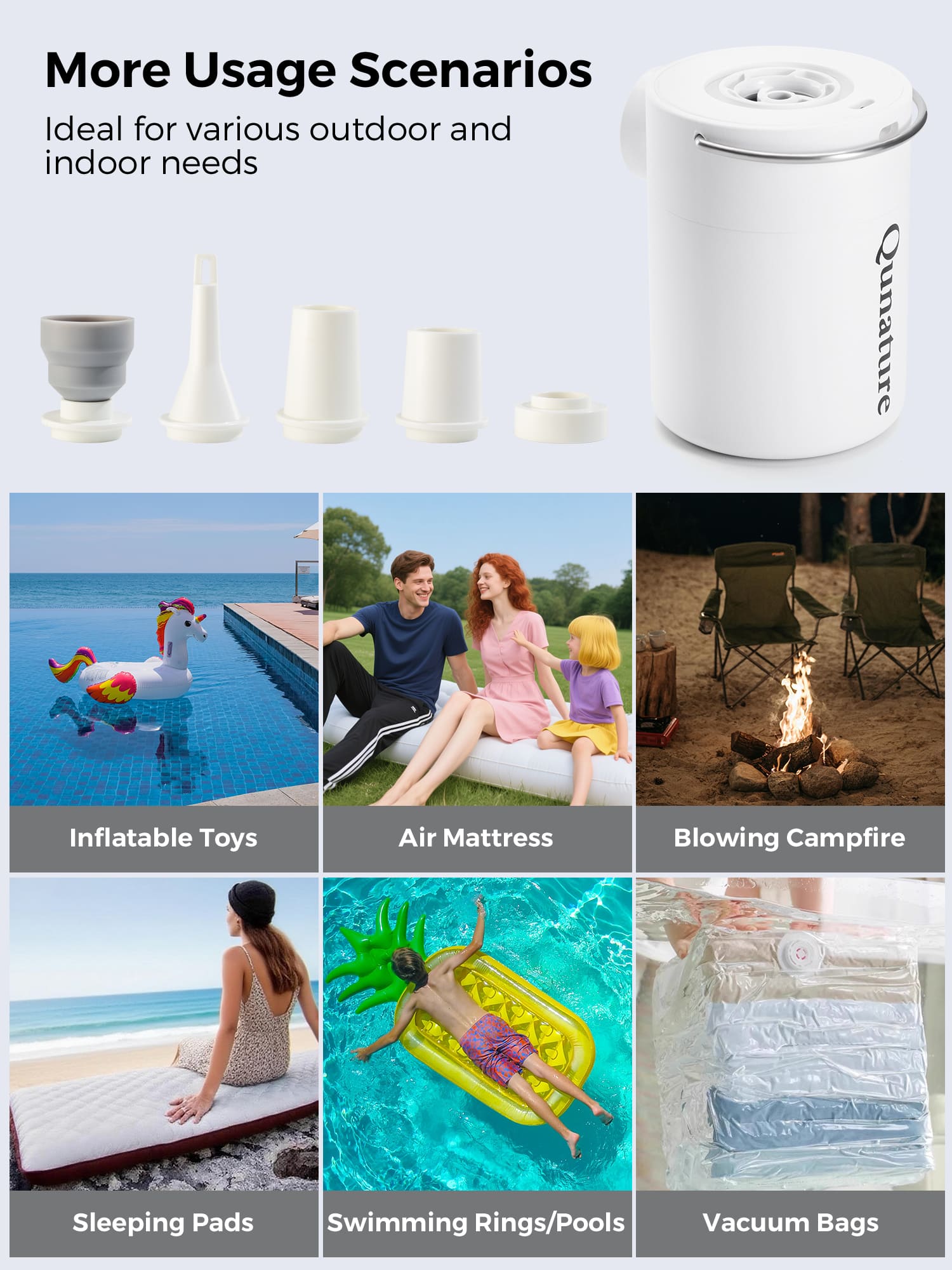 Qunature ATOMIC Mini Air Pump with five nozzle adapters for multiple inflatables
#Color_White