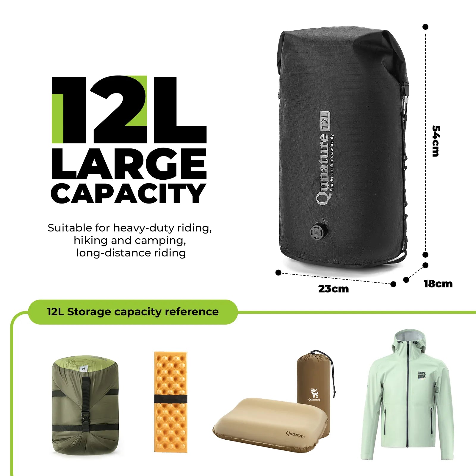 Qunature waterproof bikepacking compression dry bag for cycling, bike touring, and camping adventures
#Color_Black