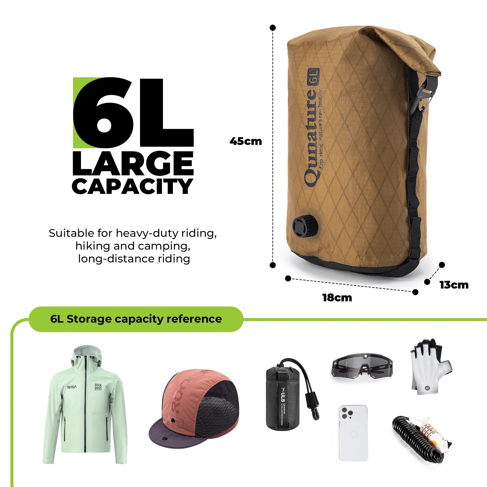 Qunature waterproof bikepacking compression dry bag for cycling, bike touring, and camping adventures
#Color_Khaki