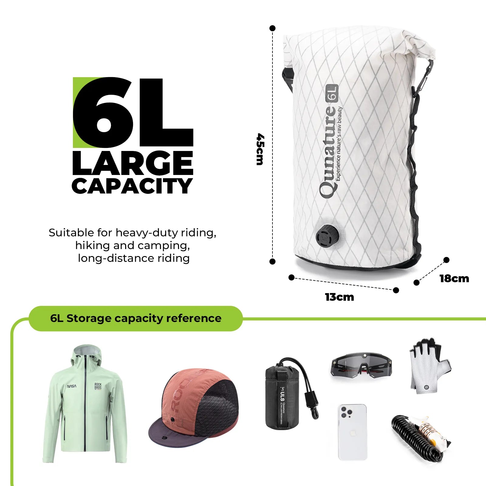 Qunature waterproof bikepacking compression dry bag for cycling, bike touring, and camping adventures
#Color_White