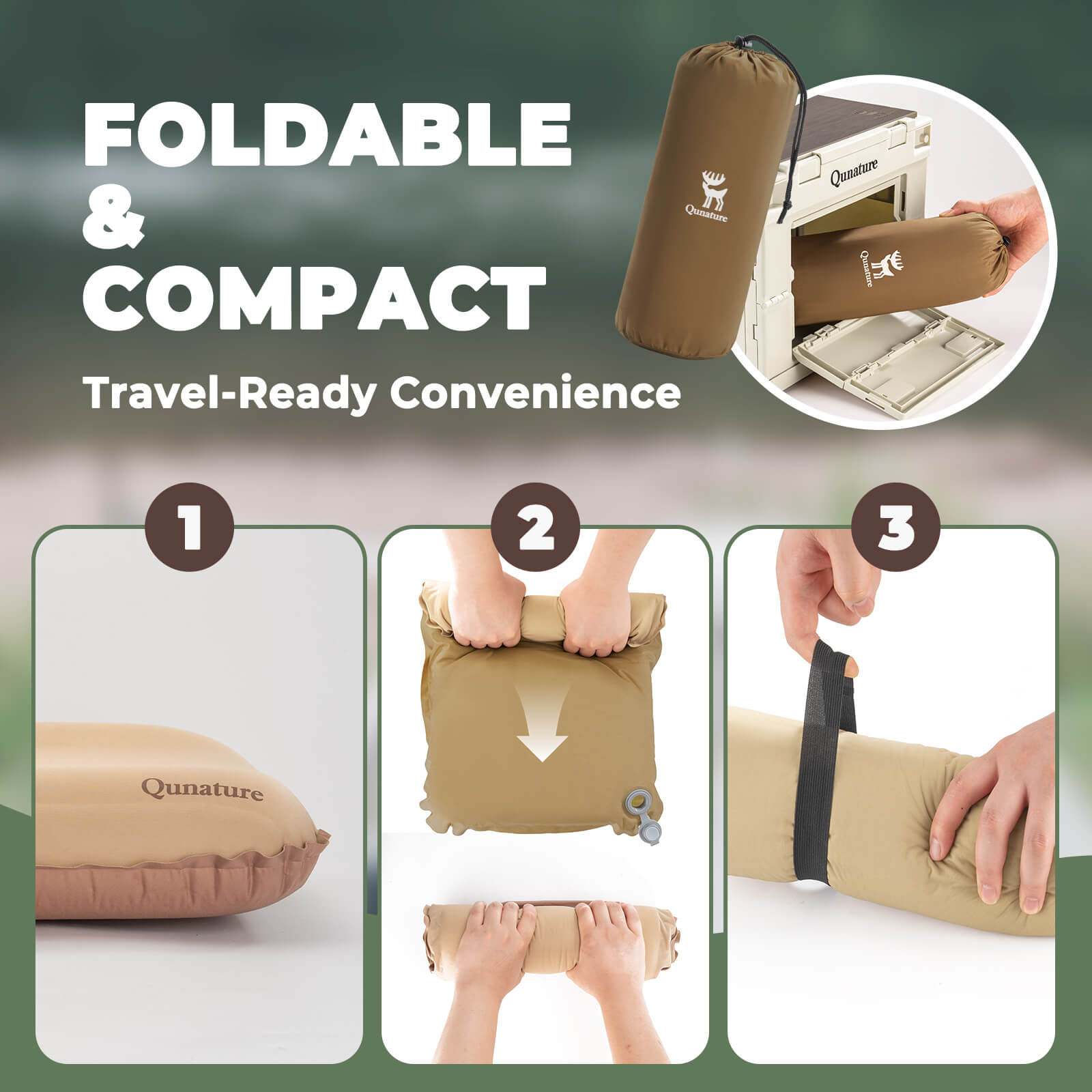 Foldable Qunature self-inflating pillow packed into its storage bag for easy carrying and travel.