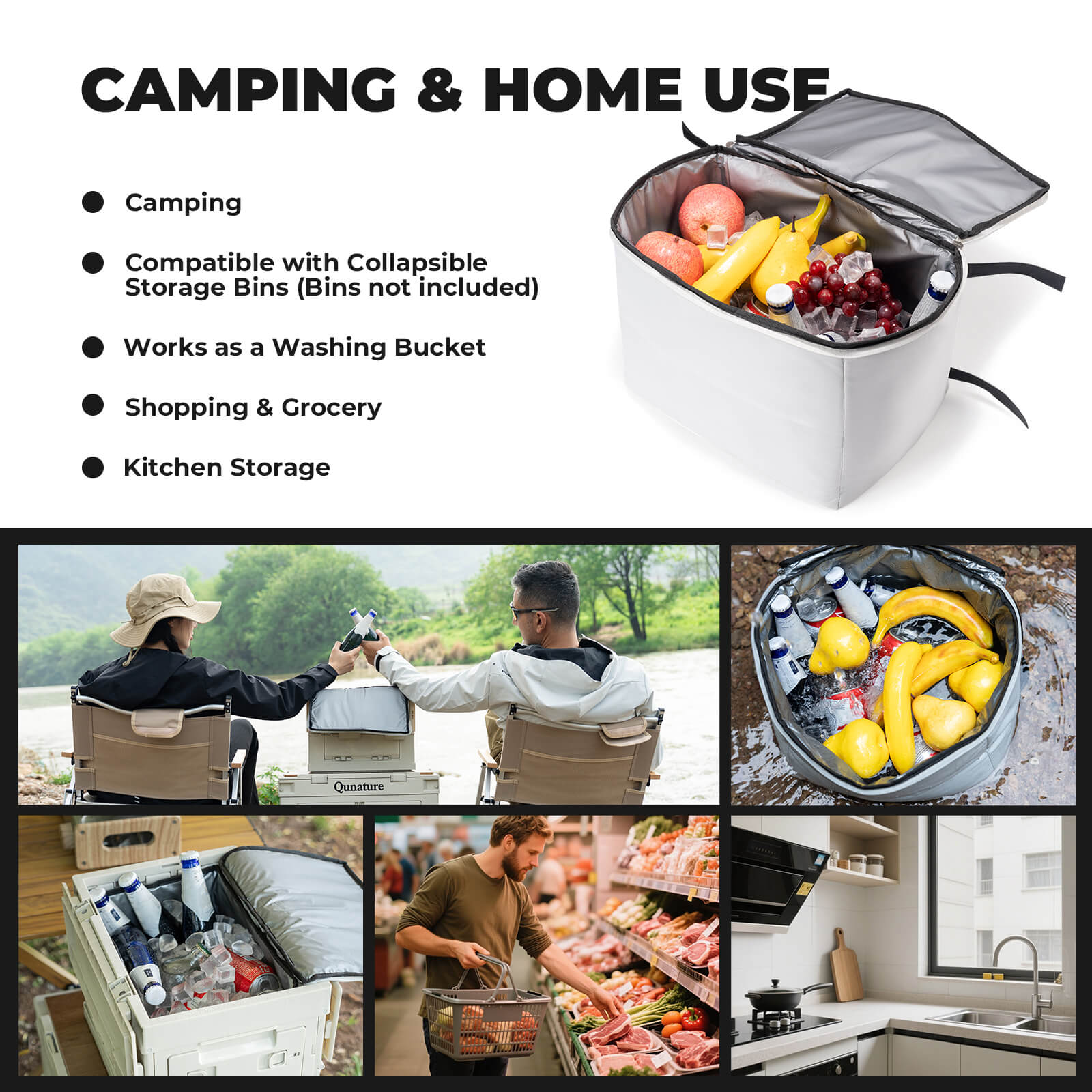 Qunature foldable cooler bag in a compact folded state, featuring a smart space-saving design with hook-and-loop closure.