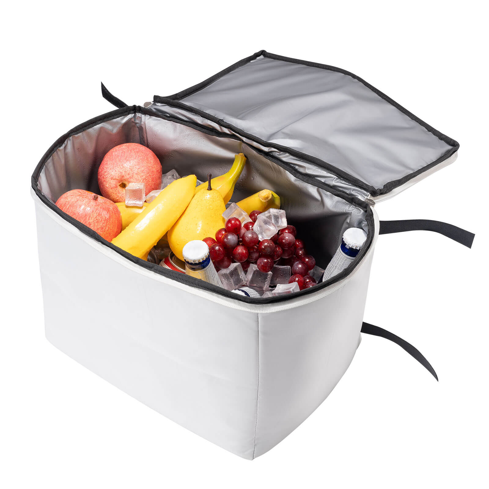 Qunature foldable cooler bag in a compact folded state, featuring a smart space-saving design with hook-and-loop closure.