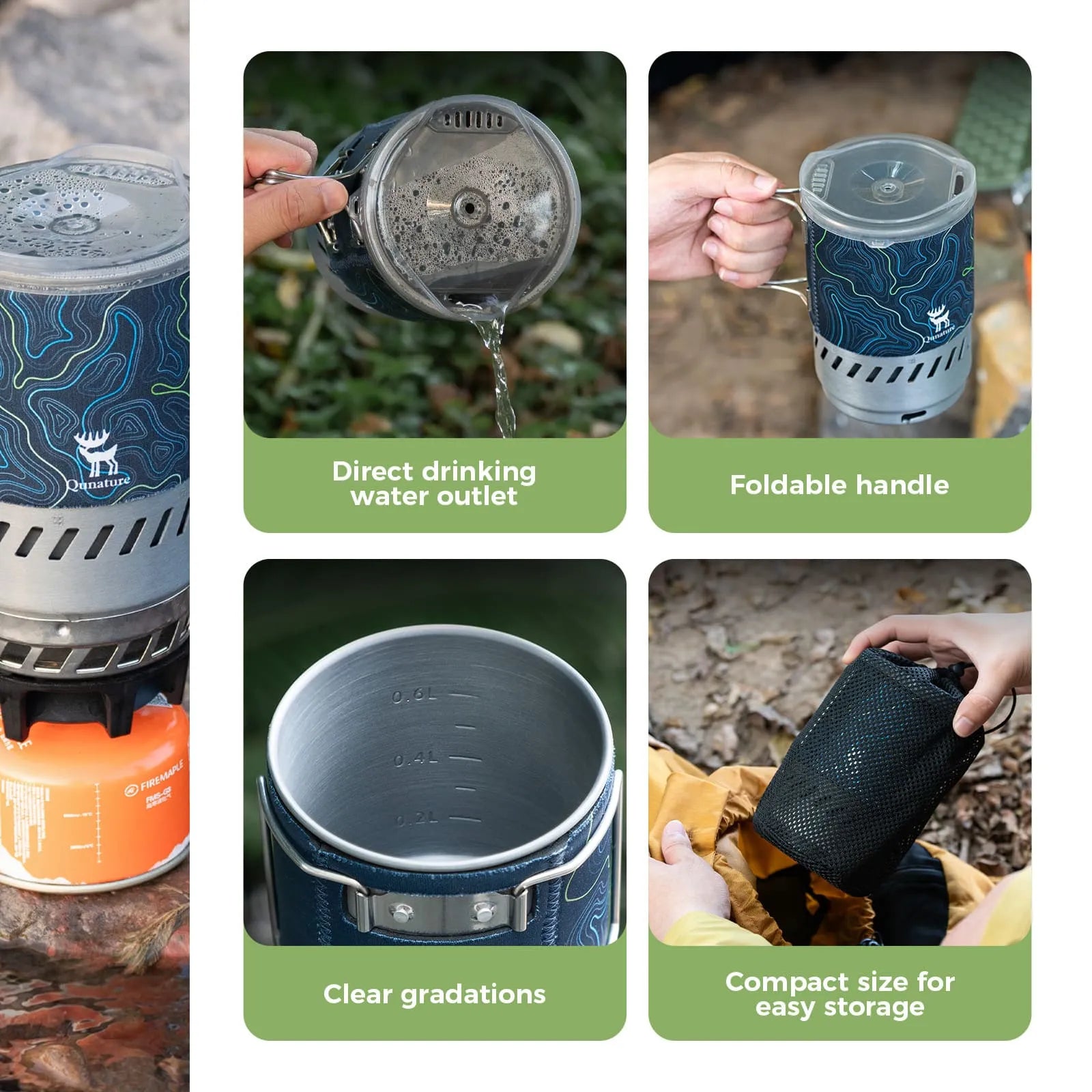 qunature integrated heat exchange camping stove system 0.6l portable 1700w cooking set for camping hiking