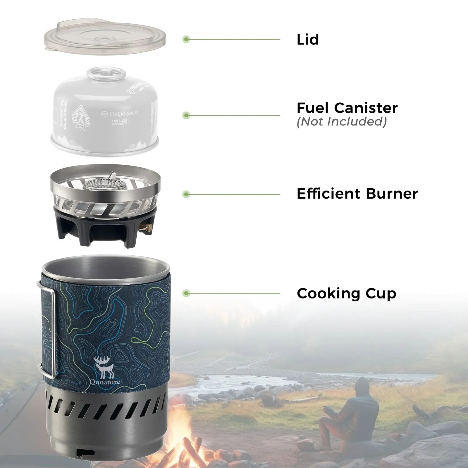 qunature integrated heat exchange camping stove system 0.6l portable 1700w cooking set for camping hiking