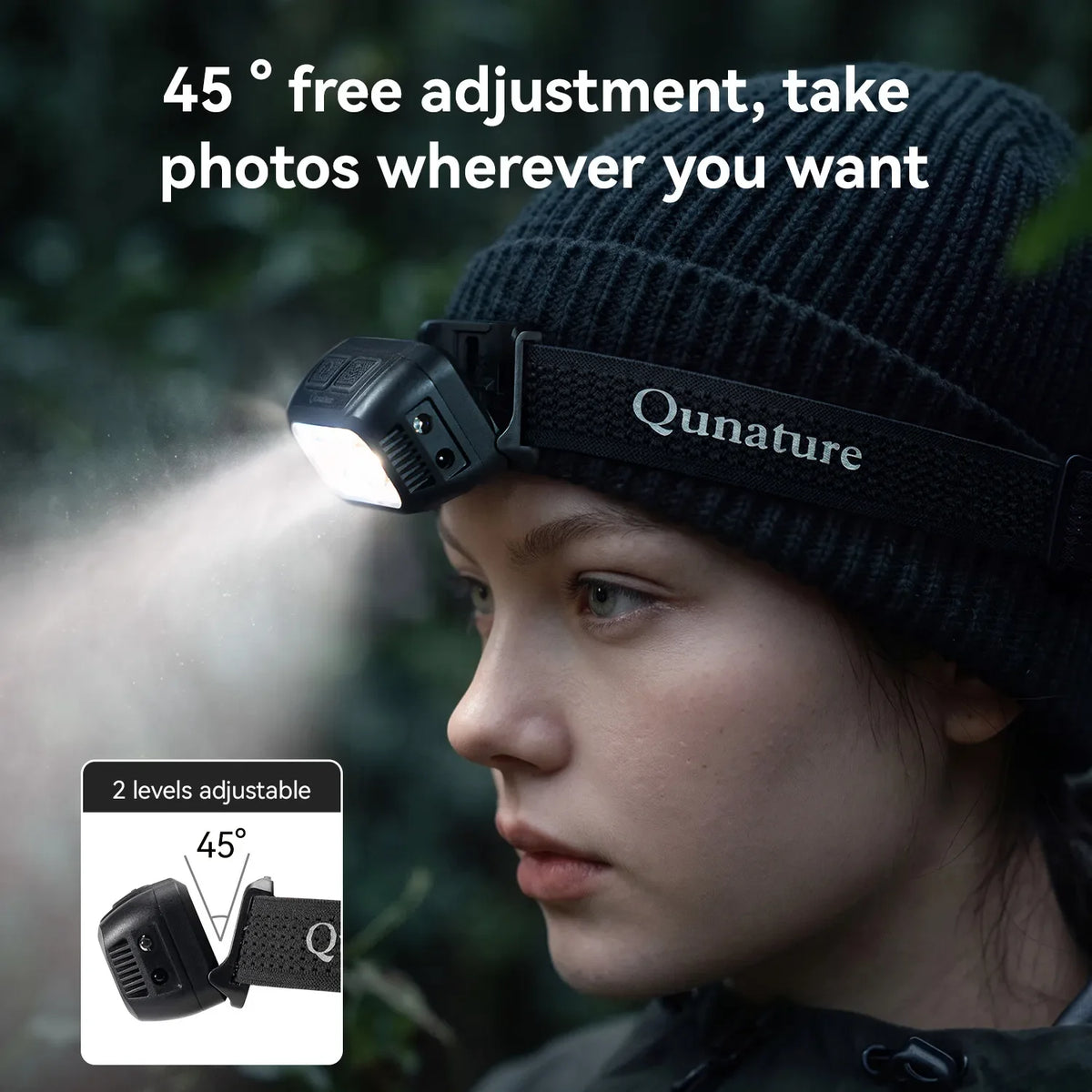 Qunature lightweight rechargeable outdoor headlamp with an adjustable headband