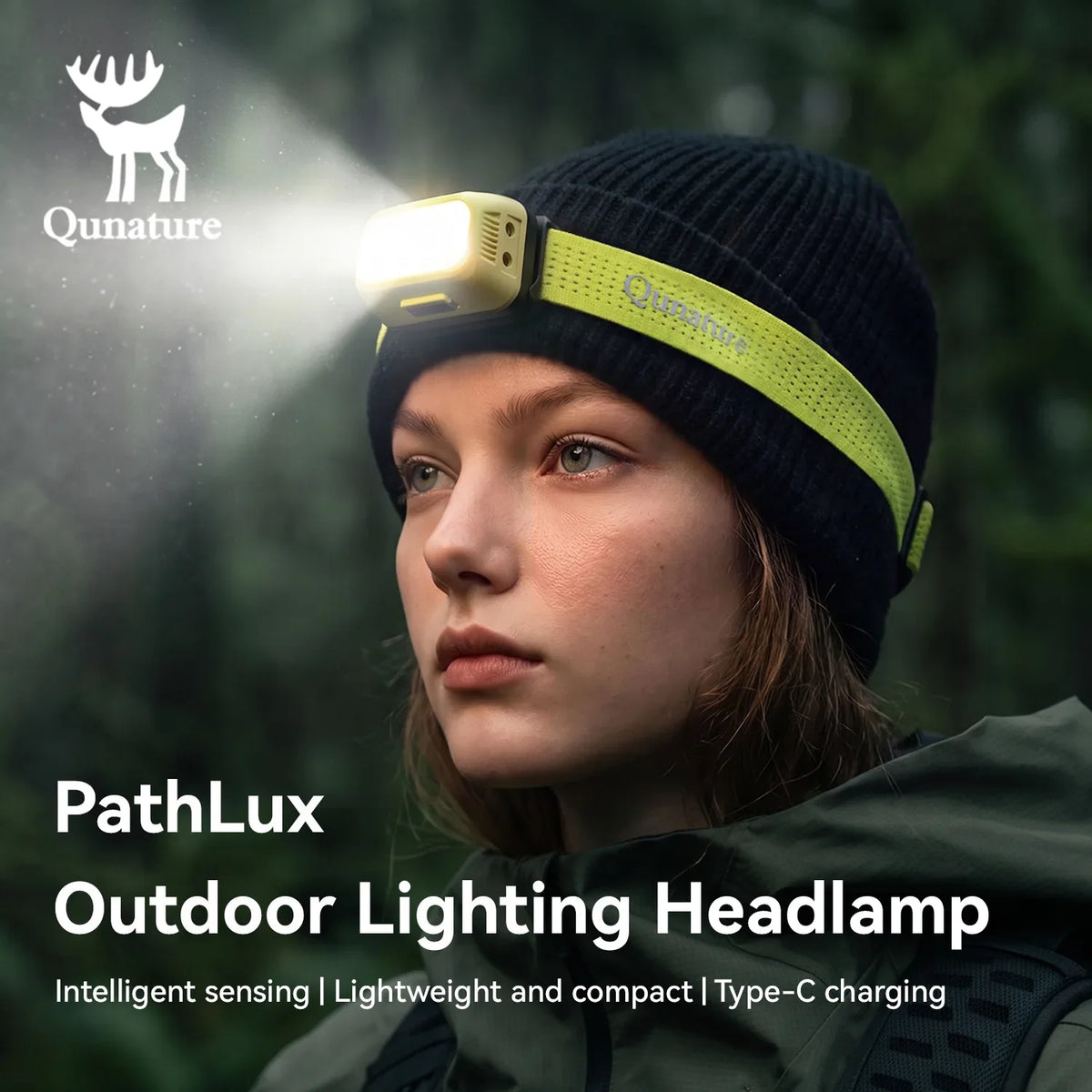 Qunature lightweight rechargeable outdoor headlamp with an adjustable headband