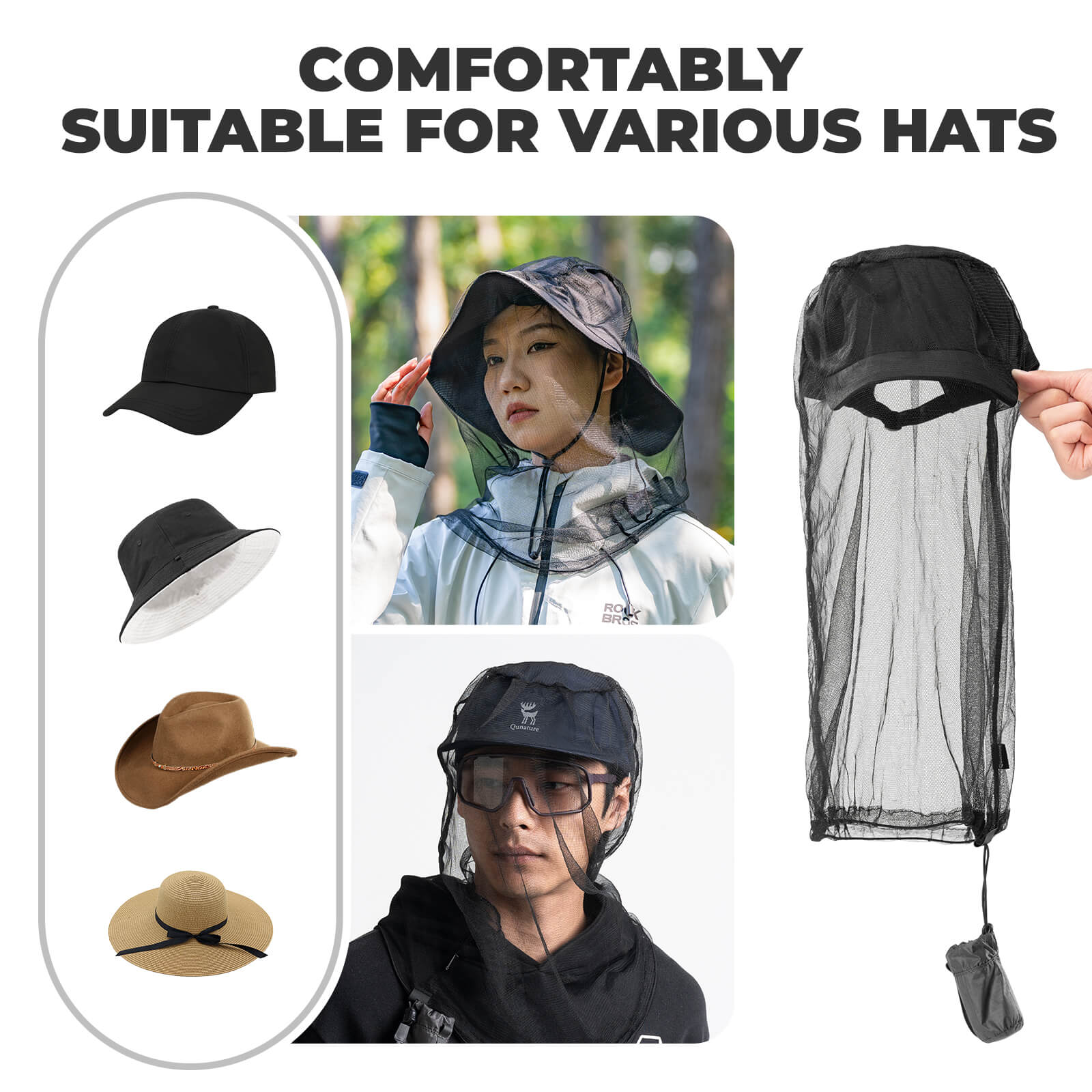 Qunature mosquito head net mesh with ultra-fine fabric for 360-degree insect protection during outdoor camping.