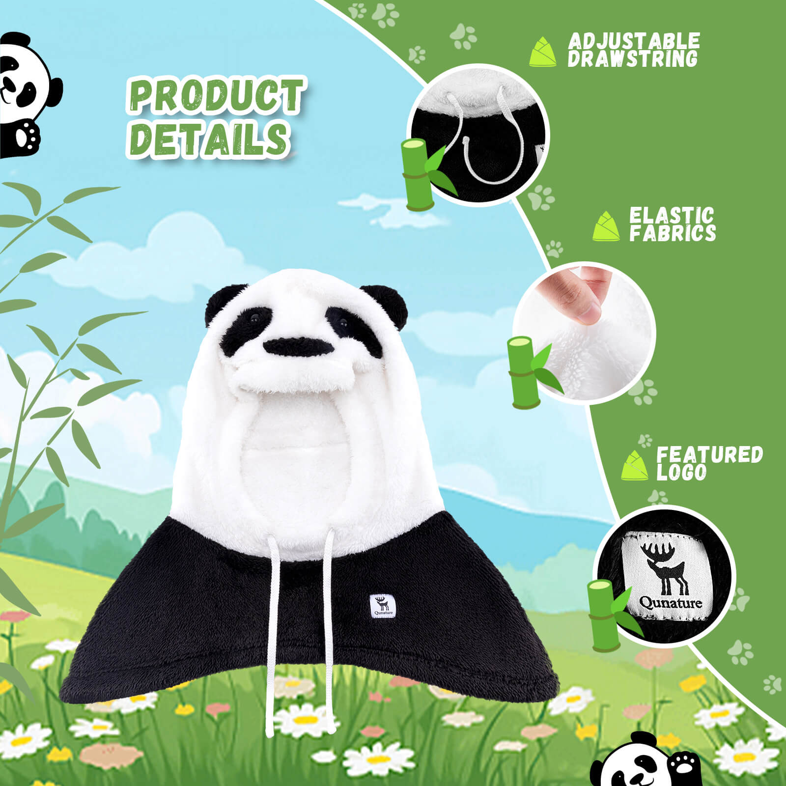 Qunature panda head cover suitable for kids and adults, fun protective helmet accessory