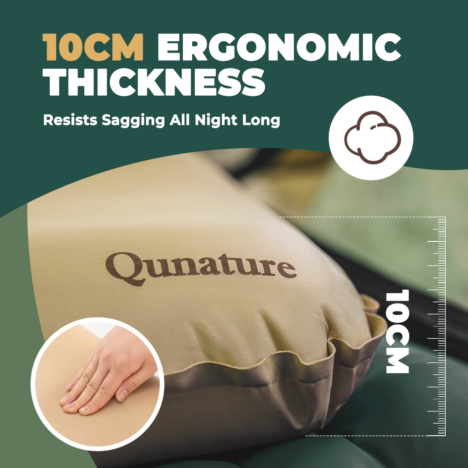 Double air valve design on Qunature self-inflating pillow for quick inflation and deflation.