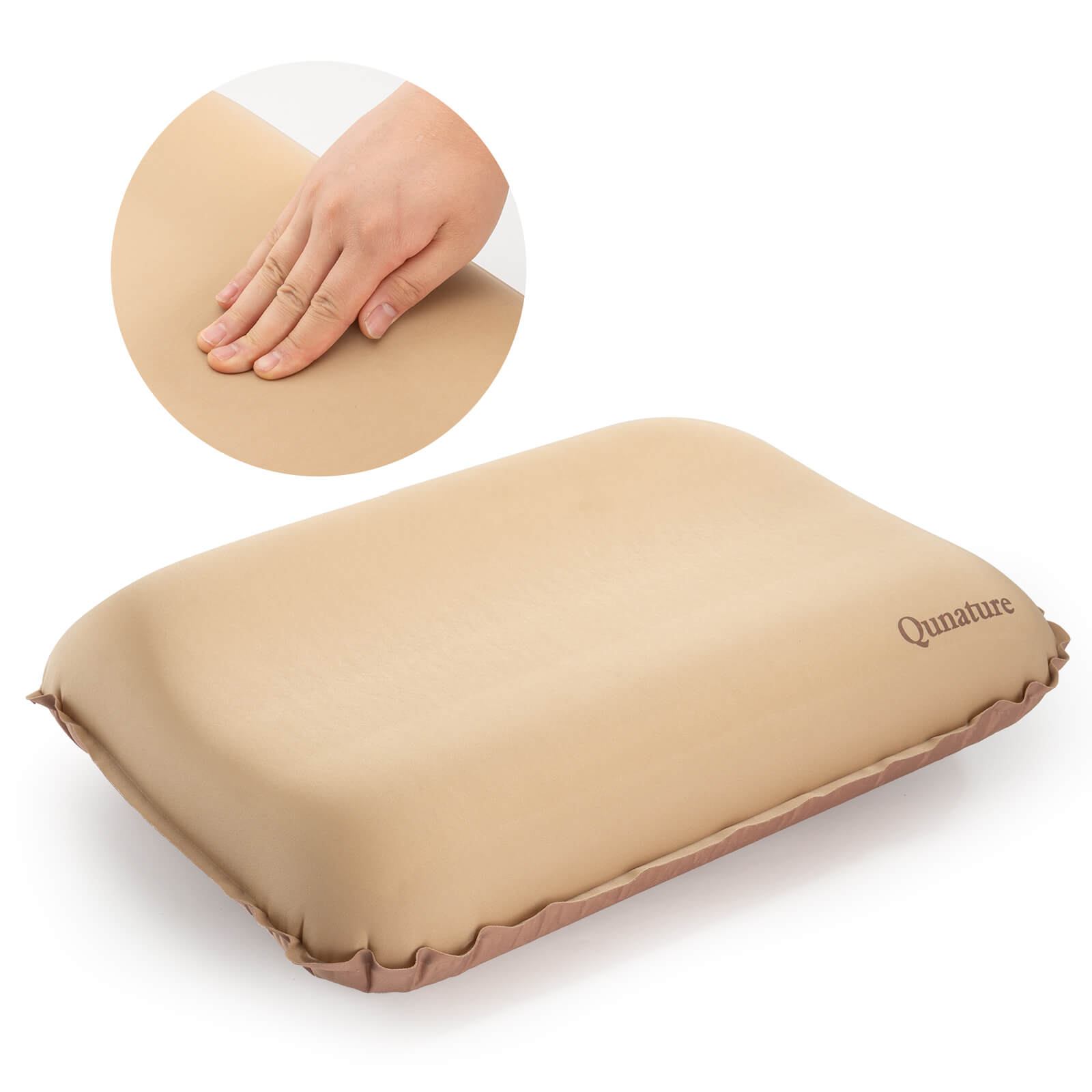 Qunature self-inflating camping pillow for outdoor travel, compact and lightweight design.