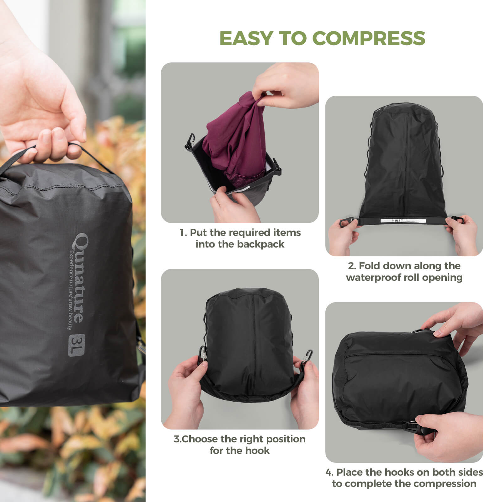 Qunature portable waterproof stuff sack ideal for bikepacking, hiking, and wilderness trekking.