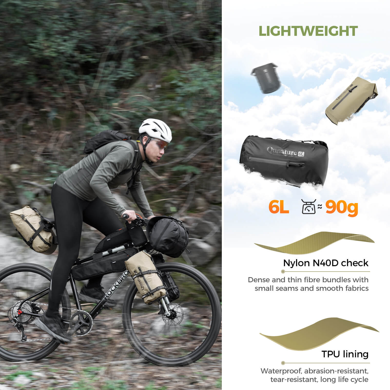 Qunature ultralight dry bag with adjustable compression straps to maximize storage space.