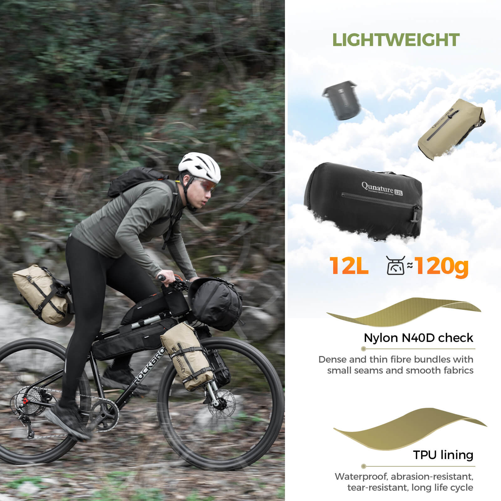 Qunature ultralight dry bag with adjustable compression straps to maximize storage space.