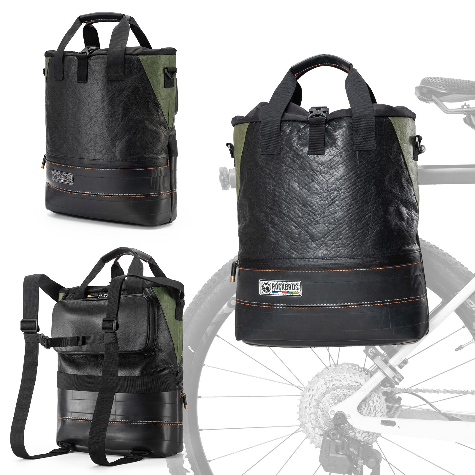 ROAD TO SKY recycled tire bike panniers 12L waterproof cycling rear rack bags for commuting and touring – ROCKBROS