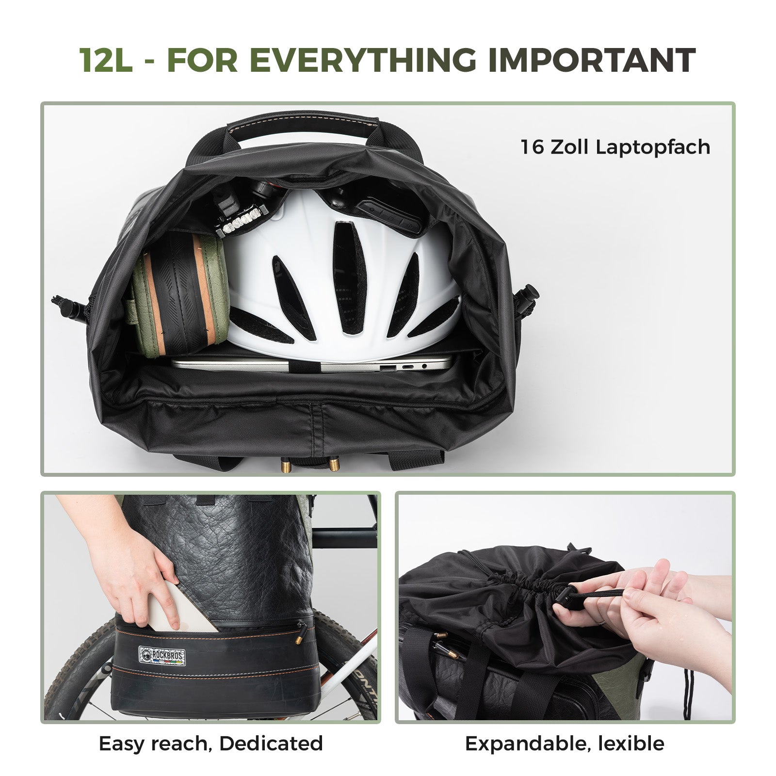 ROAD TO SKY recycled tire bike panniers 12L waterproof cycling rear rack bags for commuting and touring – ROCKBROS