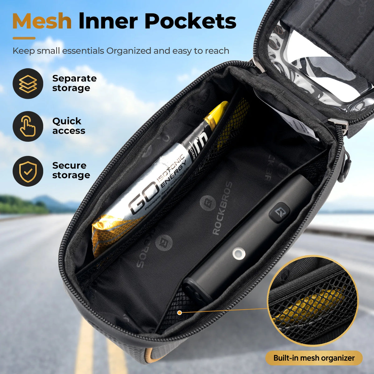ROCKBROS 091 1.5L bike top tube bag with touchscreen phone window mounted on a bicycle frame